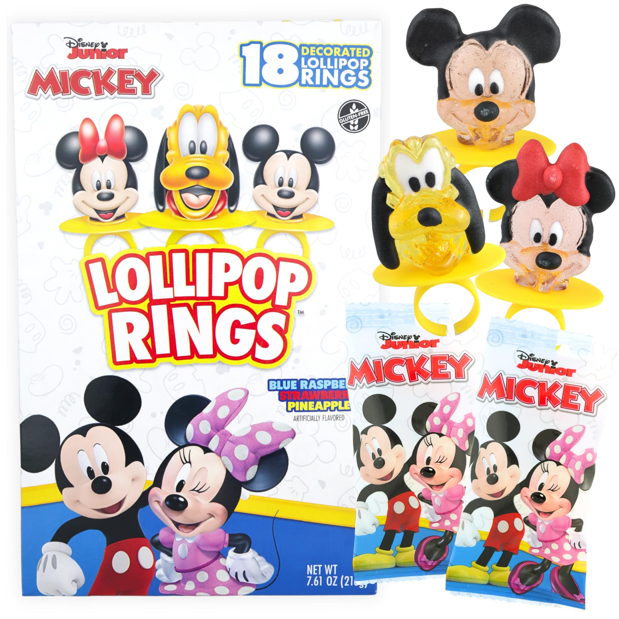 Disney Junior Lollipop Rings, Mickey Mouse, Minnie, and Pluto, Individually Wrapped for Birthday Party Favors, 18 Count