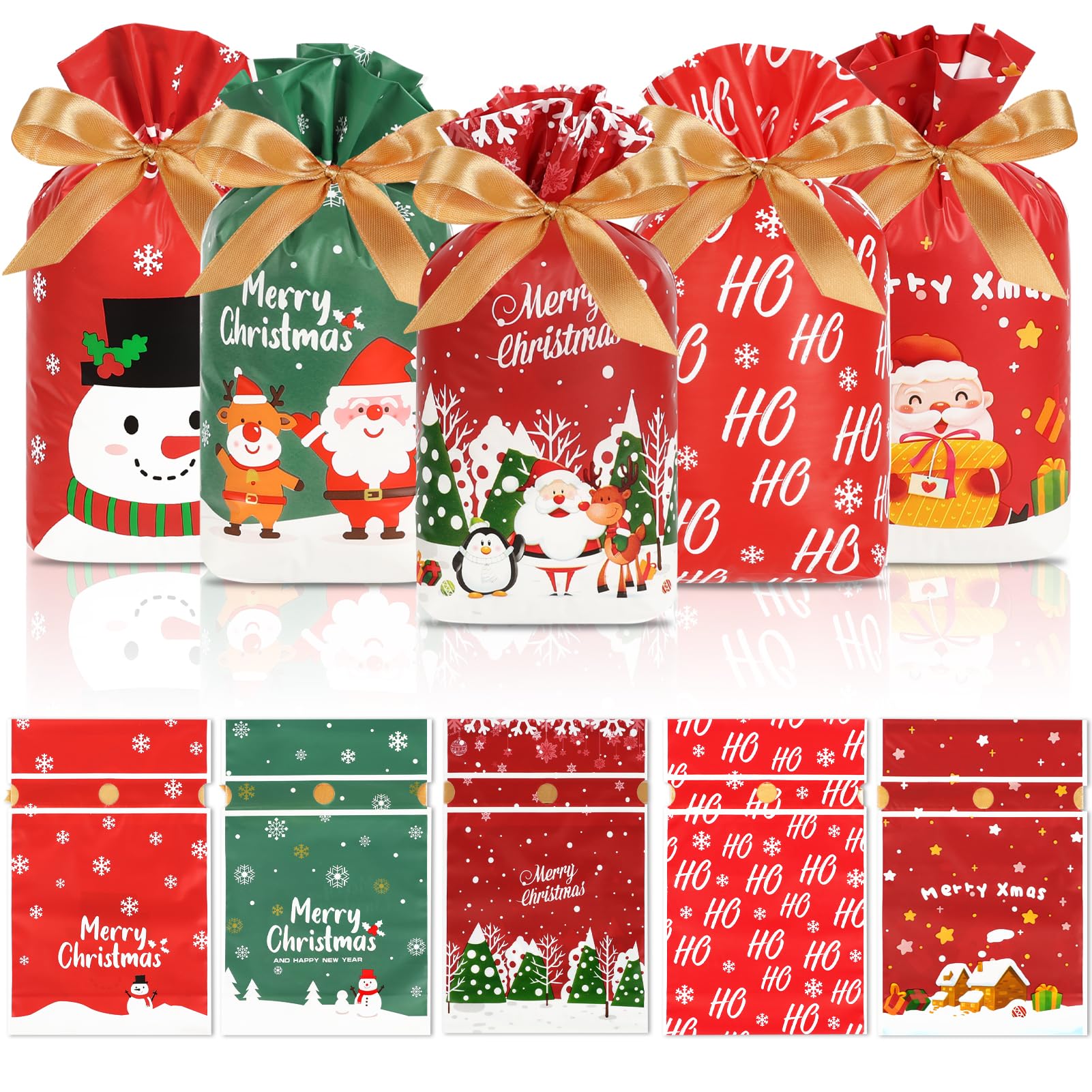 HRX Package 50pcs Christmas Treat Bags Drawstring, 5.8x9x2.4inch Holiday Goodie Bags Small Christmas Gift Bags for Candy Cookie gift giving