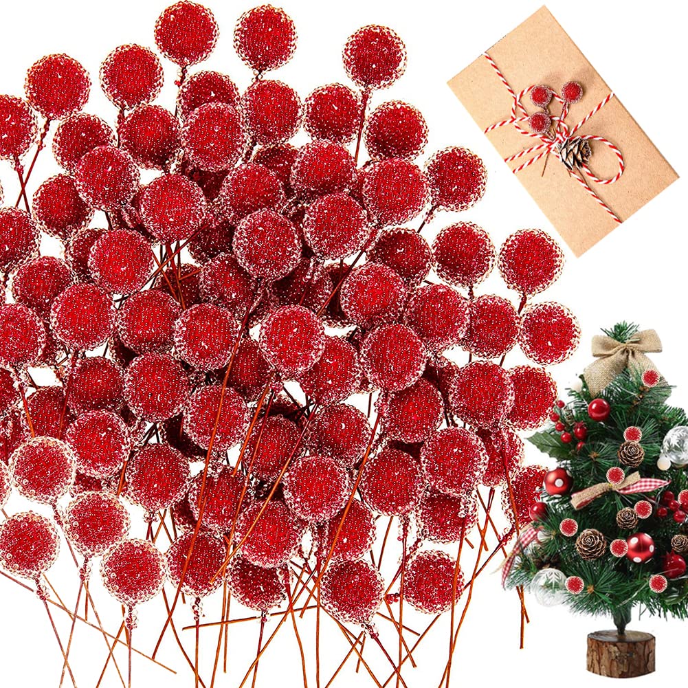 VDSOW Christmas Artificial Holly Berries 100Pcs Frosted Red Berry Picks Wreath Making Supplies Crafting Mini Artificial Berries Fruit Flower Ornament for Xmas Tree Wreaths Decorations DIY Craft