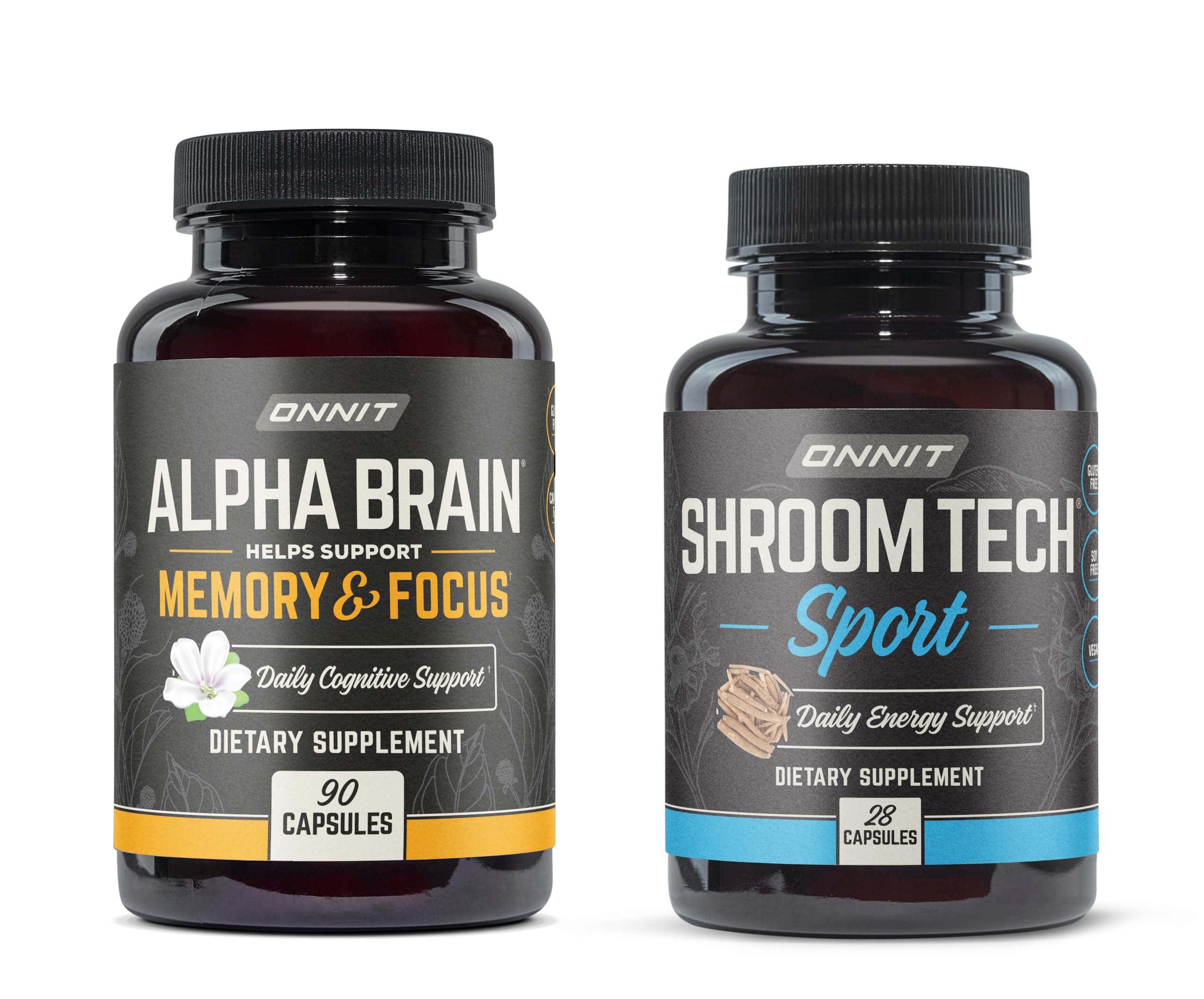 ONNIT Premium Alpha Brain Bundle - Nootropic Brain Supplement (90 Count) for Focus, Concentration & Memory + Shroom Tech Sport for Exercise, Energy & Cardiovascular Performance (28 Count)