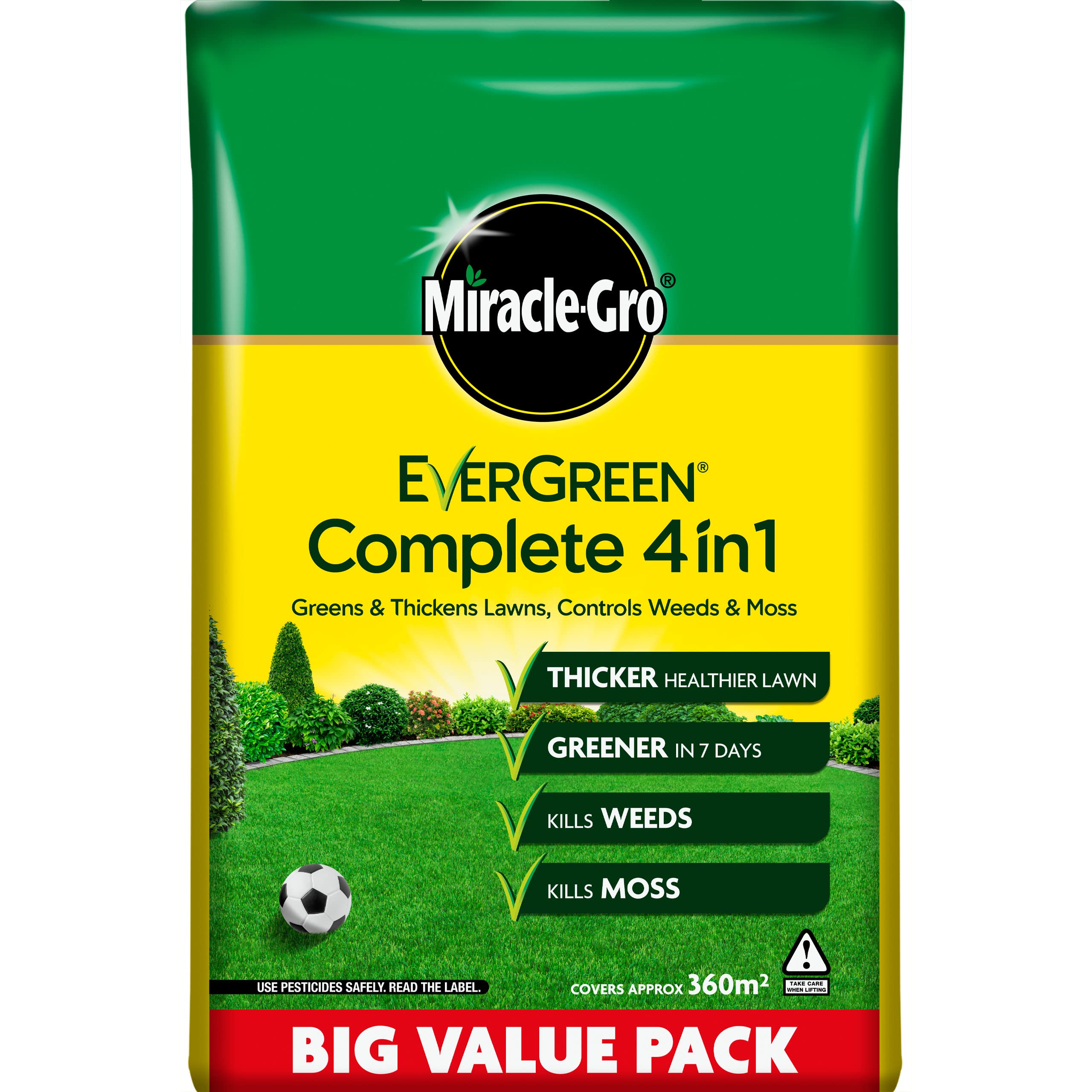 Miracle-Gro Evergreen Complete 4-in-1 Lawn Food, Weed & Moss Control, 360 m2, Yellow