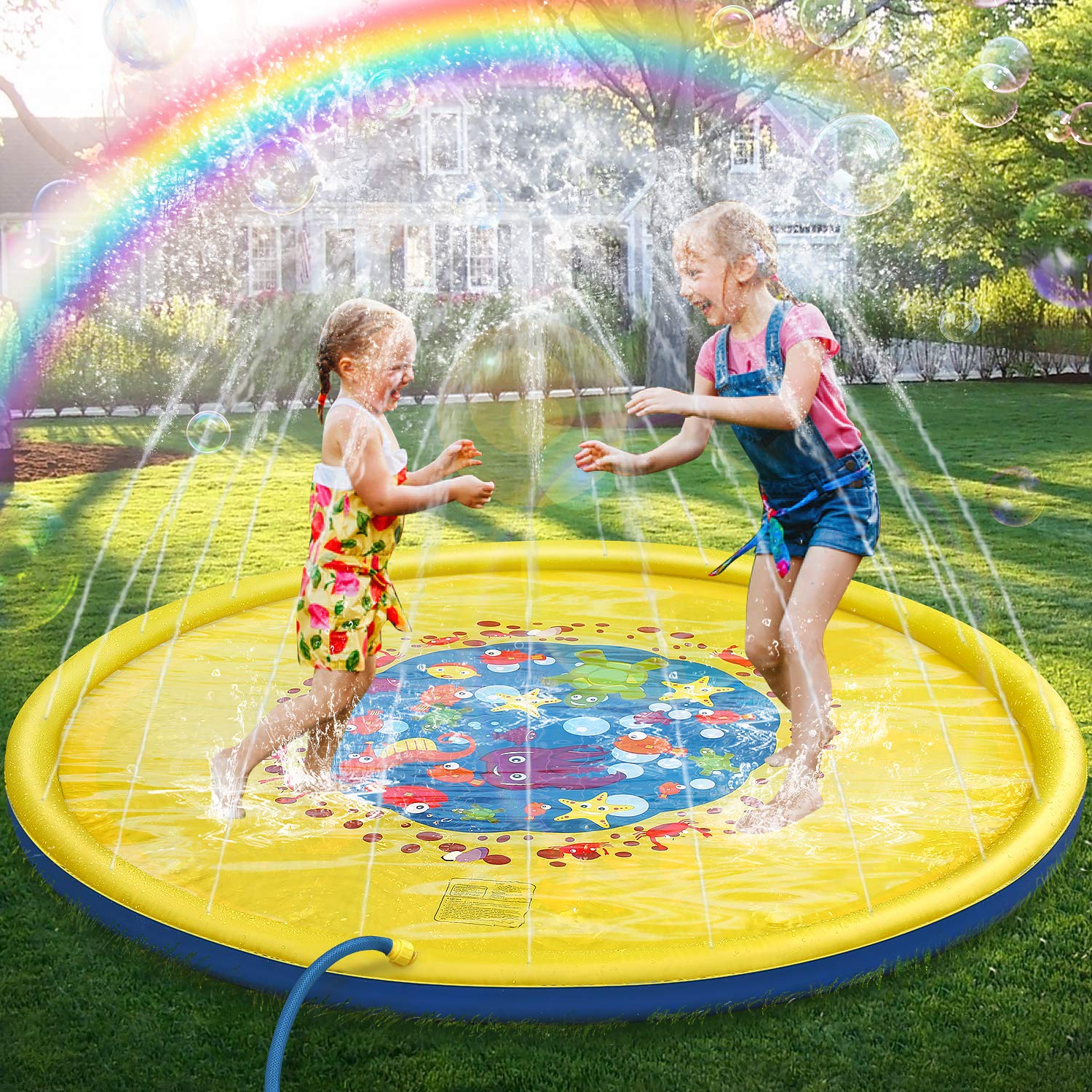 Jojoin 68 Inches Sprinkle and Splash Water Play Mat, Durable Portable Inflatable Sprinkler Pad Sprinkle Wading Pool , Summer Essential Spray Toys for Kids and Outdoor Garden Family Activities.