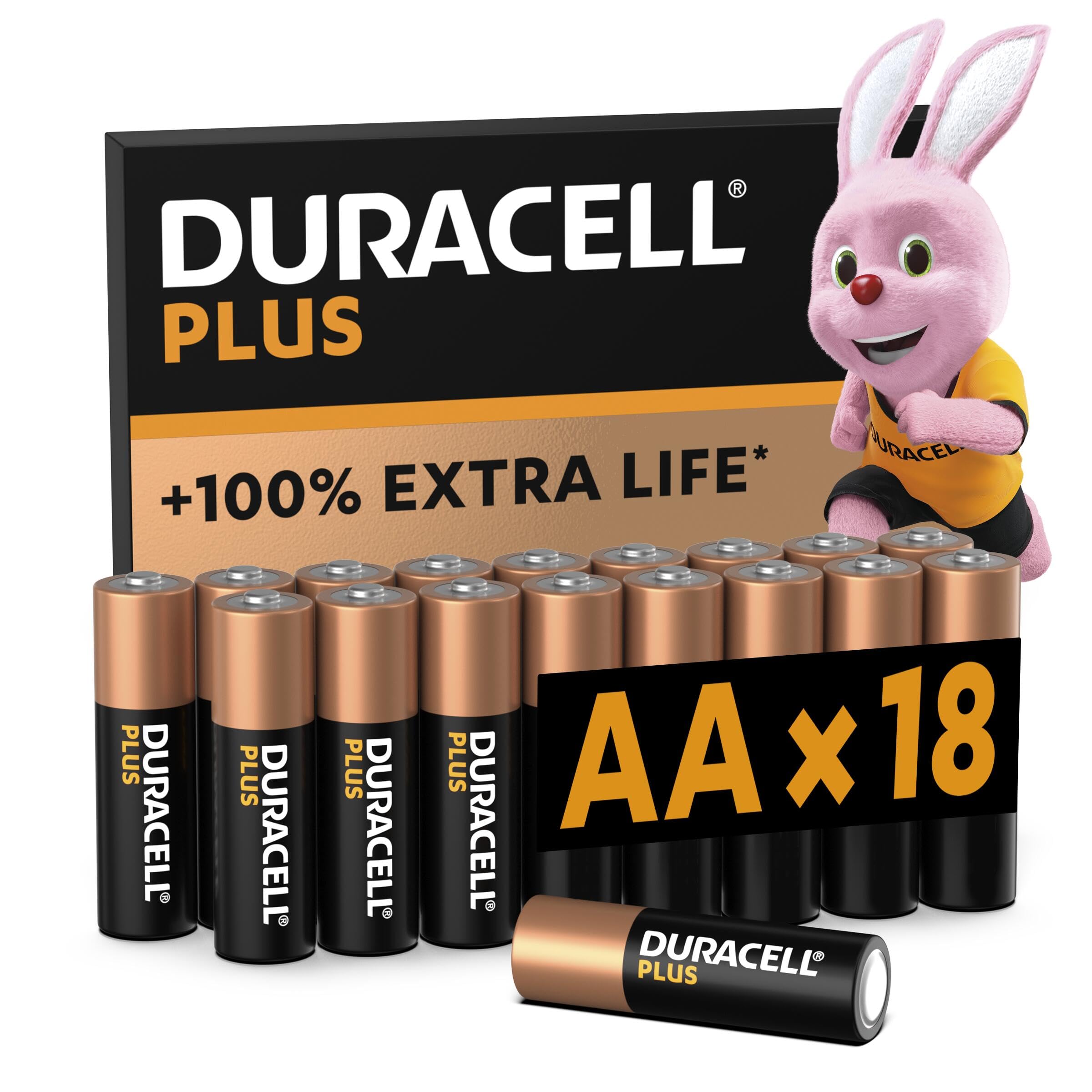 DuracellPlus AA Batteries (18 Pack) - Alkaline 1.5V - Up To 100% Extra Life - Reliability For Everyday Devices - 0% Plastic Packaging - 10 Year Storage - LR6 MN1500