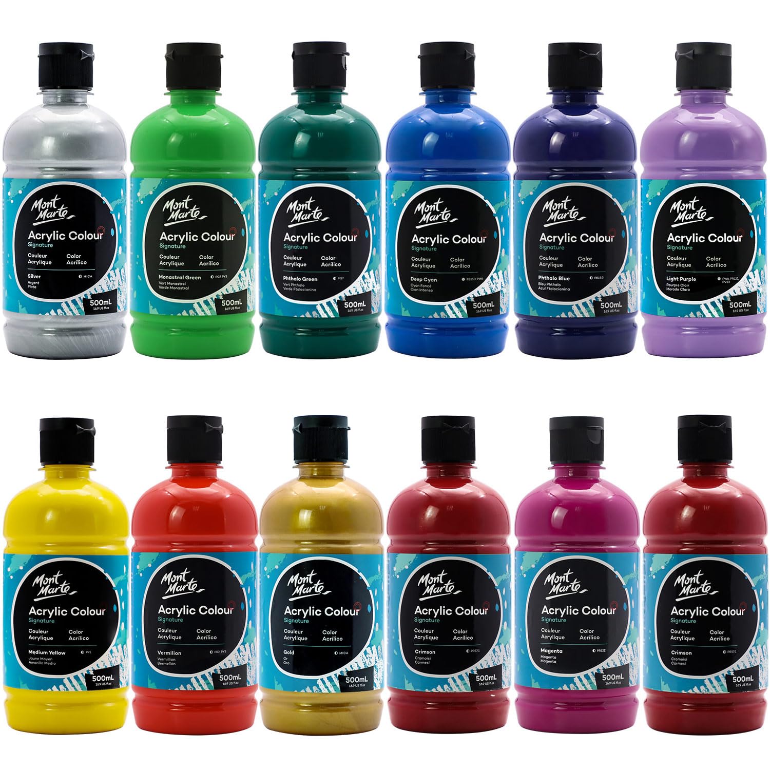 Mont Marte Signature Acrylic Color Paint Set, 12 x 16.9oz (500ml), Semi-Matte Finish, 12 Vibrant Colors, Suitable for Canvas, Wood, Fabric, Leather, Cardboard, Paper, MDF and Crafts