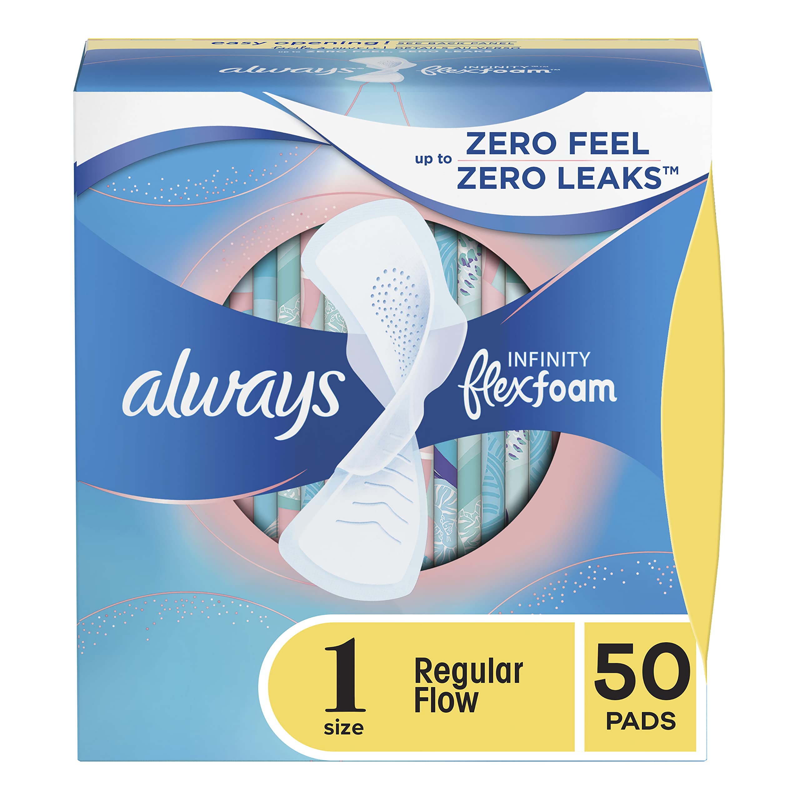 Always Infinity Feminine Pads for Women, Size 1 Regular, with Wings, unscented, 50 ct