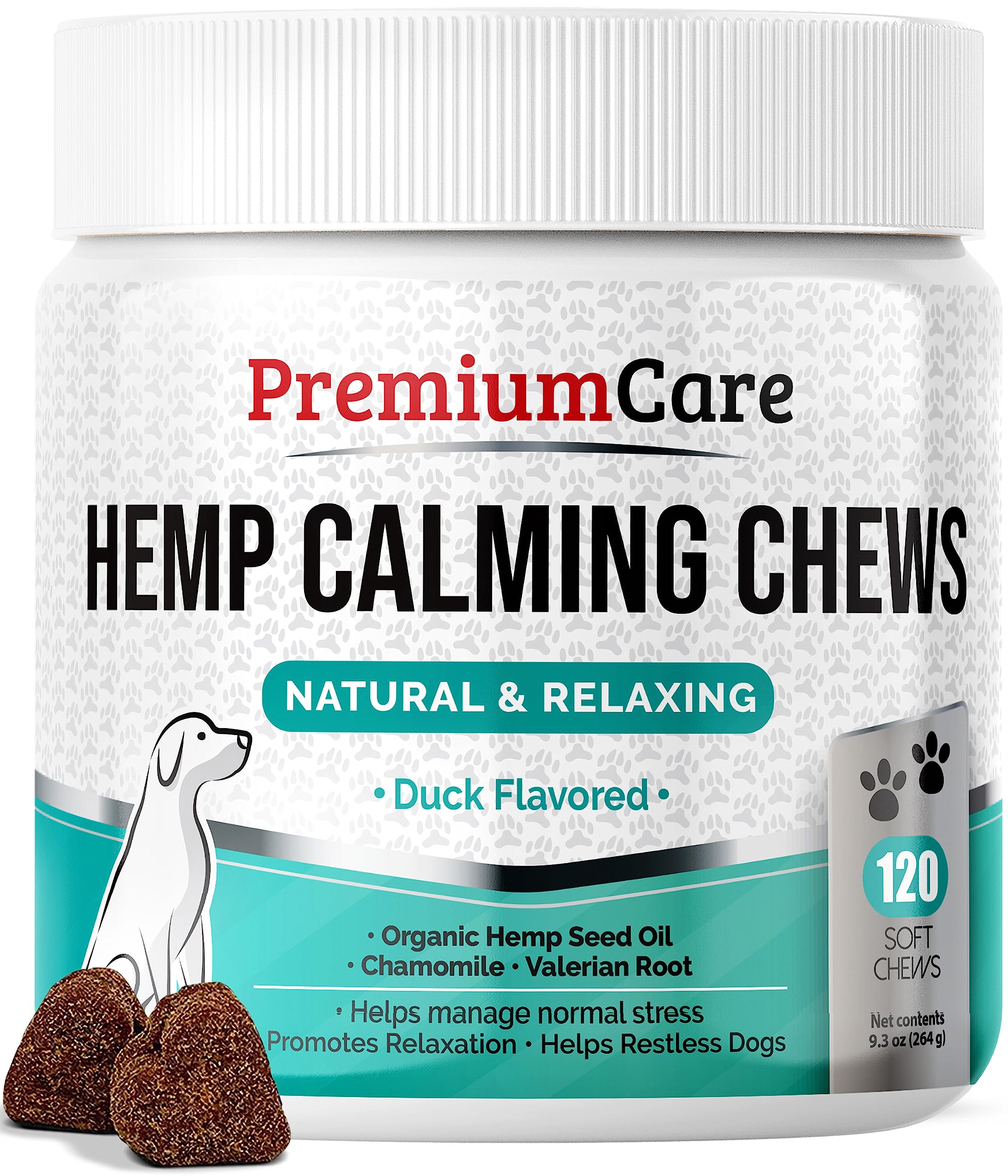 PREMIUM CAREHemp Calming Chews for Dogs Anxiety, Made in USA, 9.3 oz (264g), Duck-Flavored, 120 count