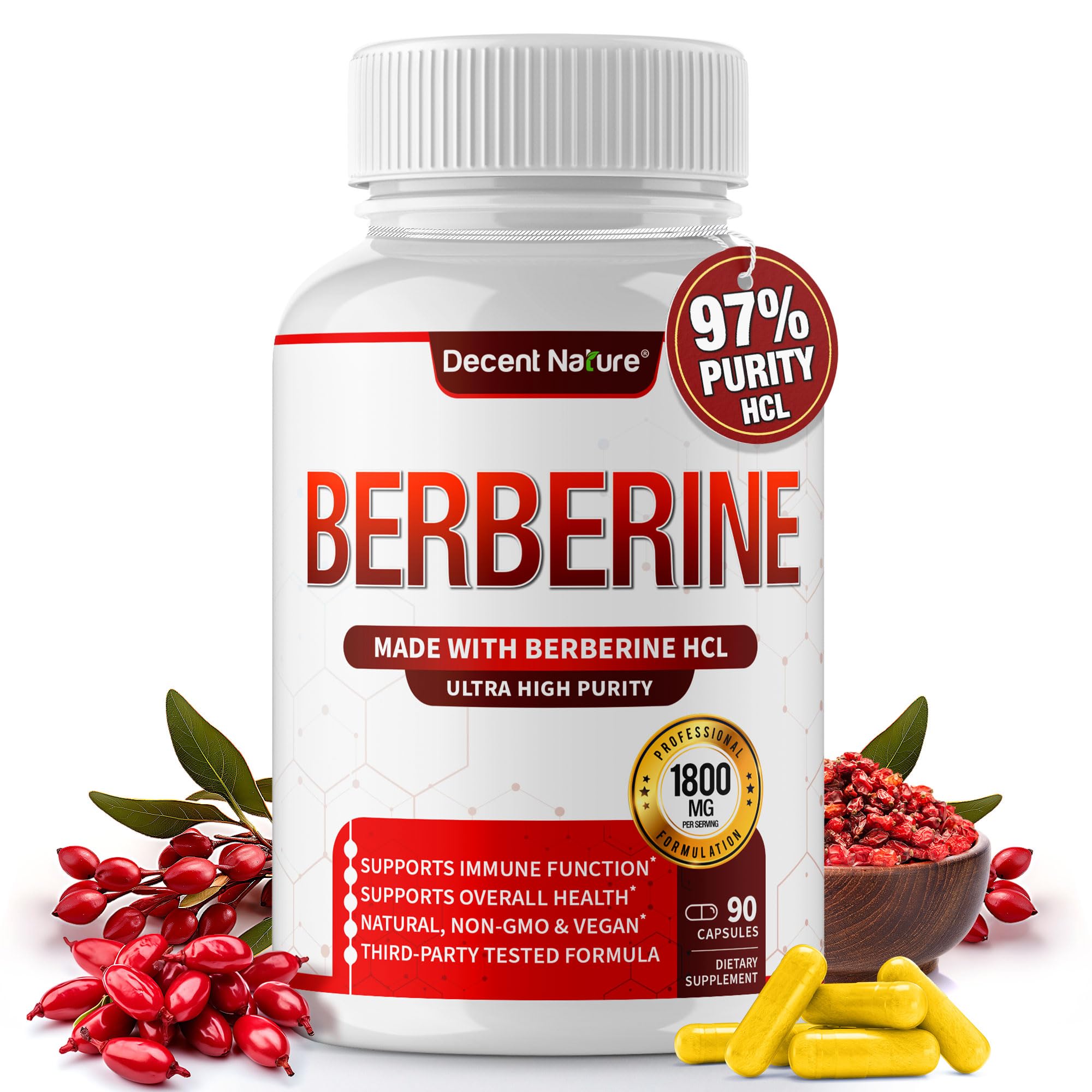 Berberine Supplement 1800mg - Premium Berberine HCl 97% High Purity Berberine Plus, Supports Immune System, High Potency Berberine Hydrochloride, Non-GMO Vegan, for Men Woman 90 Capsules