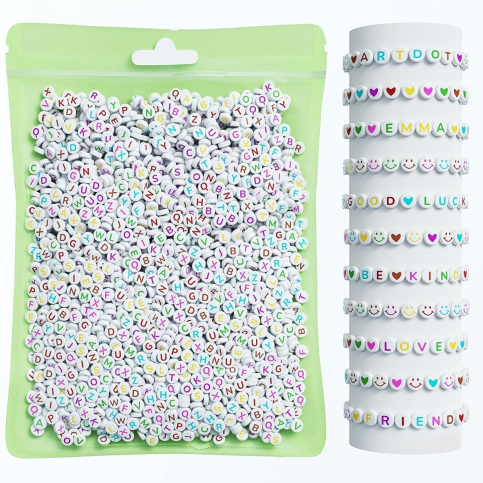 THE WHITE SHOP 800 PCS Alphabet Beads for Bracelets, 28 Styles of Alphabet Beads, Colourful Smiley Beads, Colourful Smiley Beads Heart Shaped Beads for Bracelets and Jewellery Making