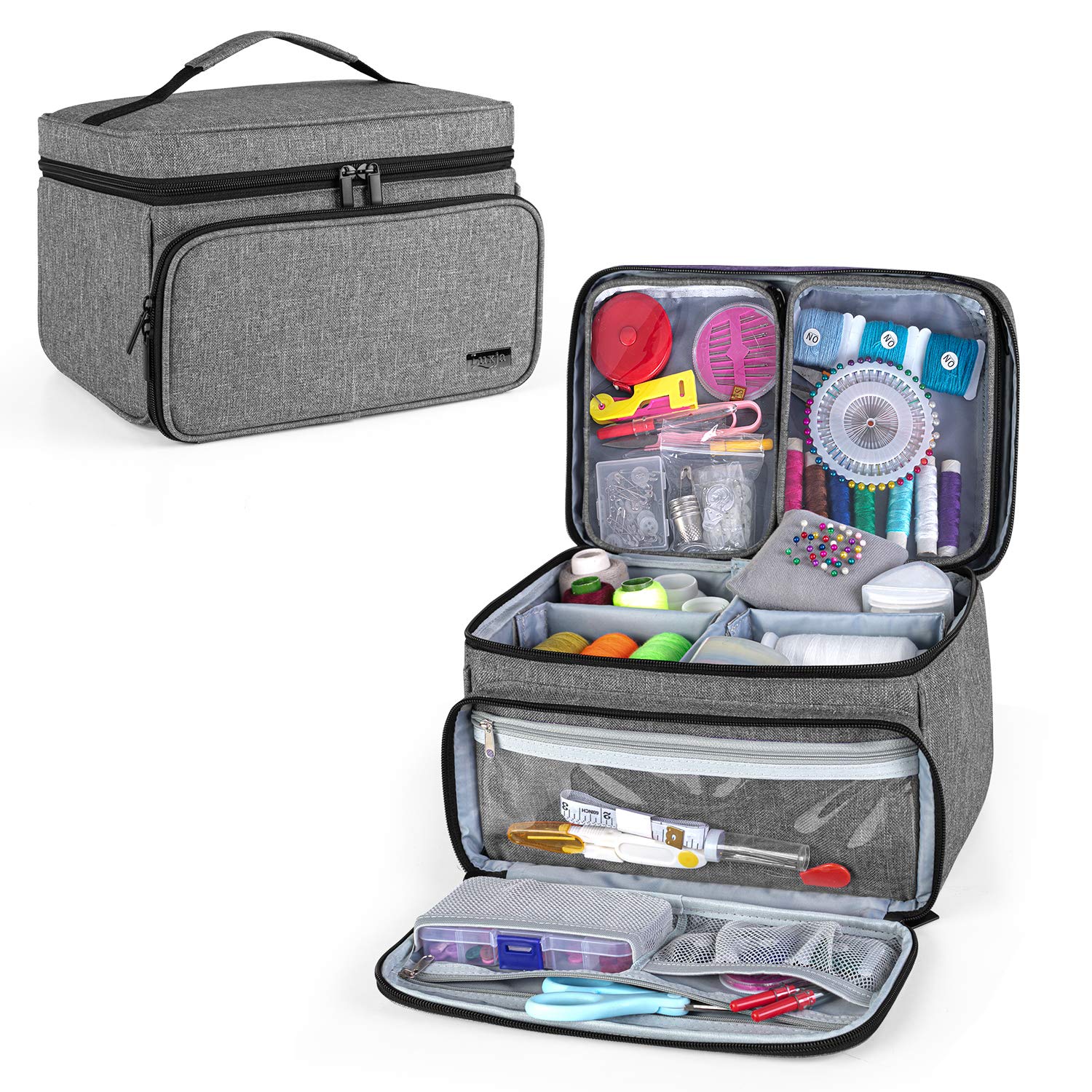 Luxja Sewing Accessories Organiser, Sewing Supplies Organiser with 2 Detachable Clear Pockets, Sewing Organiser Bag for Thread, Needles, Scissors and Other Sewing Tools (Patent Pending), Grey