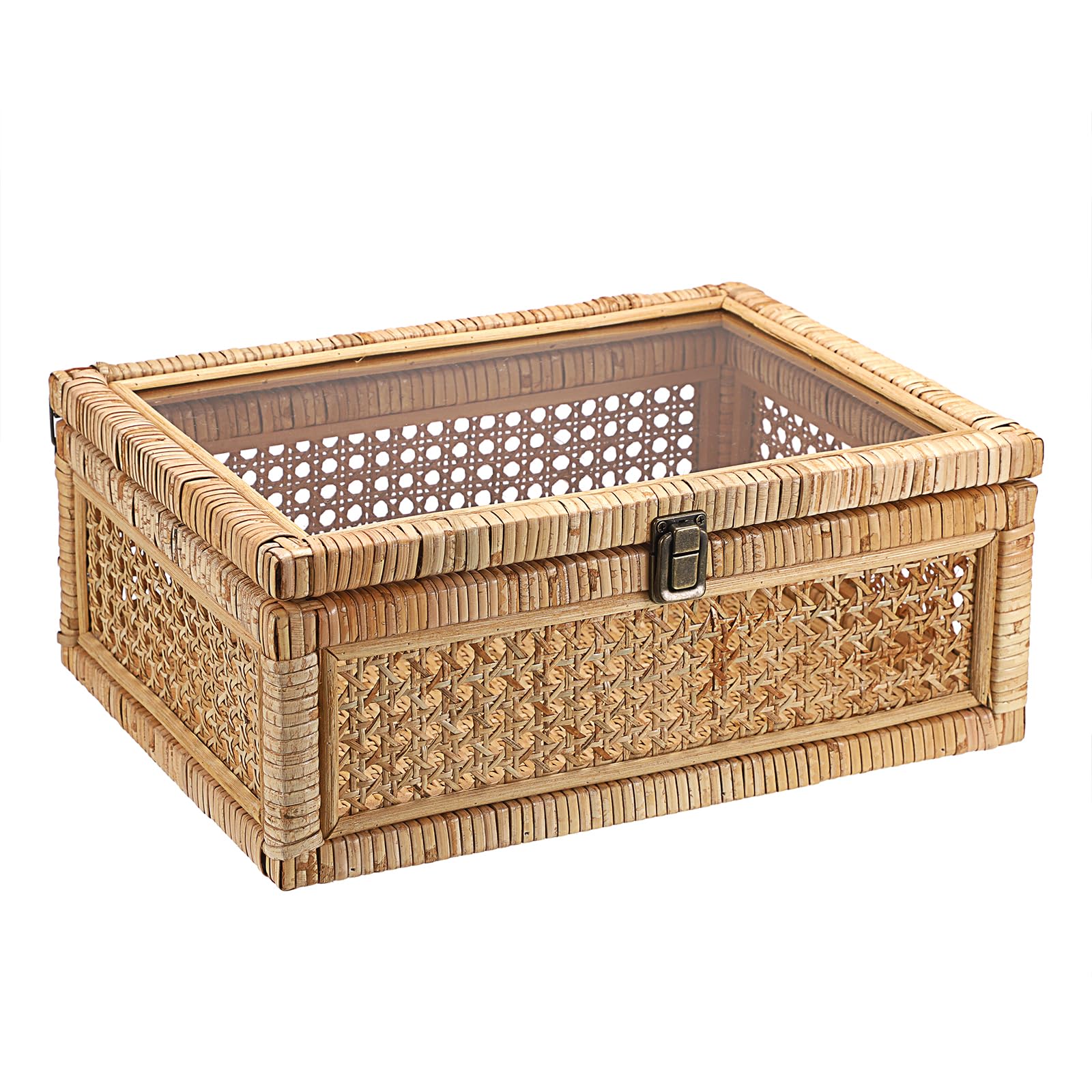 Hipiwe Vintage Decorative Box with Clear Lid Rattan and Wood Display Boxes Handcrafted Shelf Basket Bin Large Wicker Storage Basket Rectangular keepsakes Box for Bathroom Home Decor, 14x10x5.7 inch