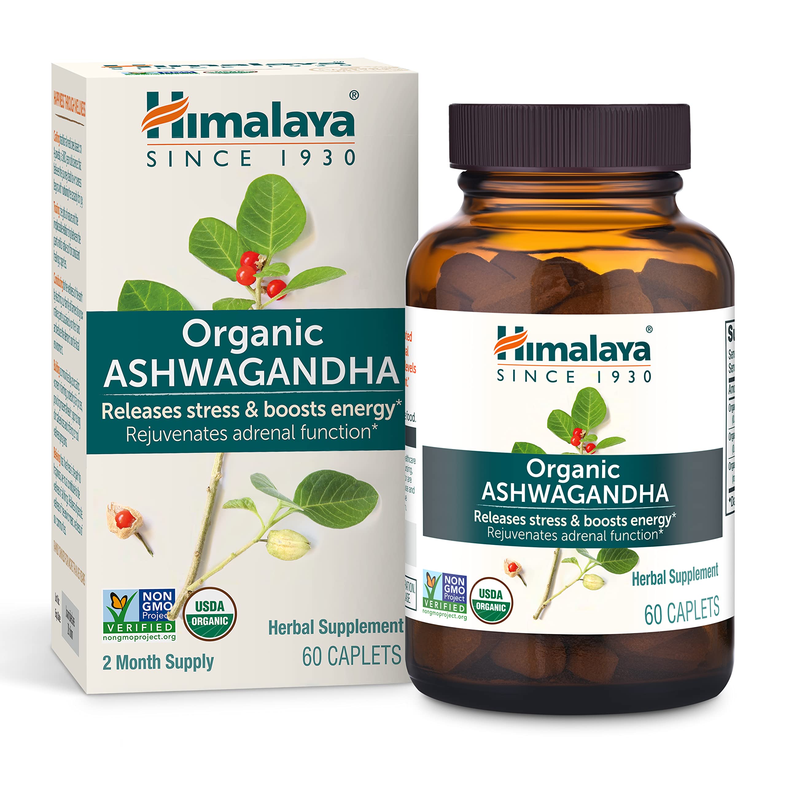 HimalayaOrganic Ashwagandha, 60 Day Supply, Herbal Supplement for Stress Relief, Energy Support, Occasional Sleeplessness, Organic, Non-GMO, Vegan, Gluten Free, 670 mg, 60 Caplets