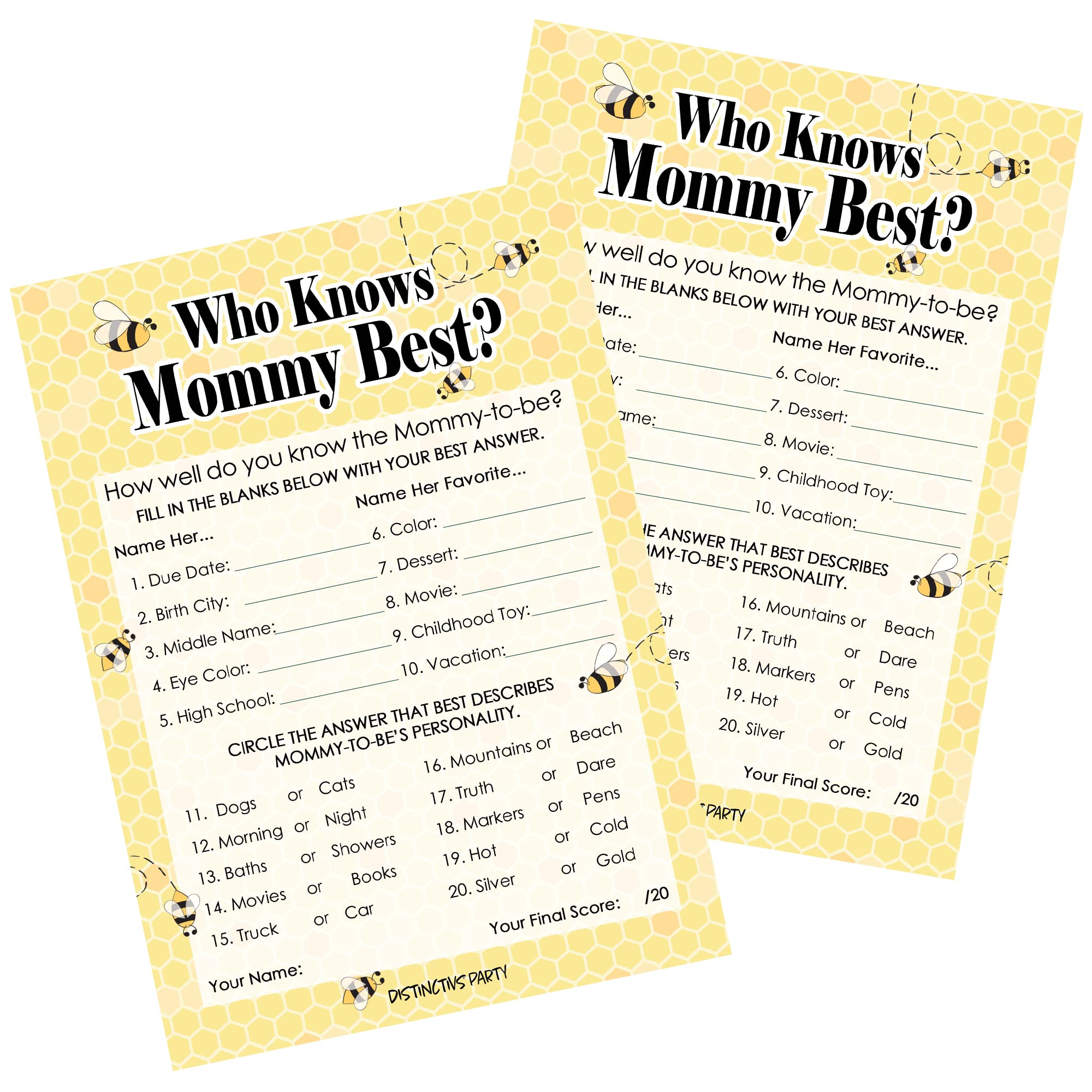 Bumble Bee Babee Themed Baby Shower - Who Knows Mommy Best Party Game Cards -20 count