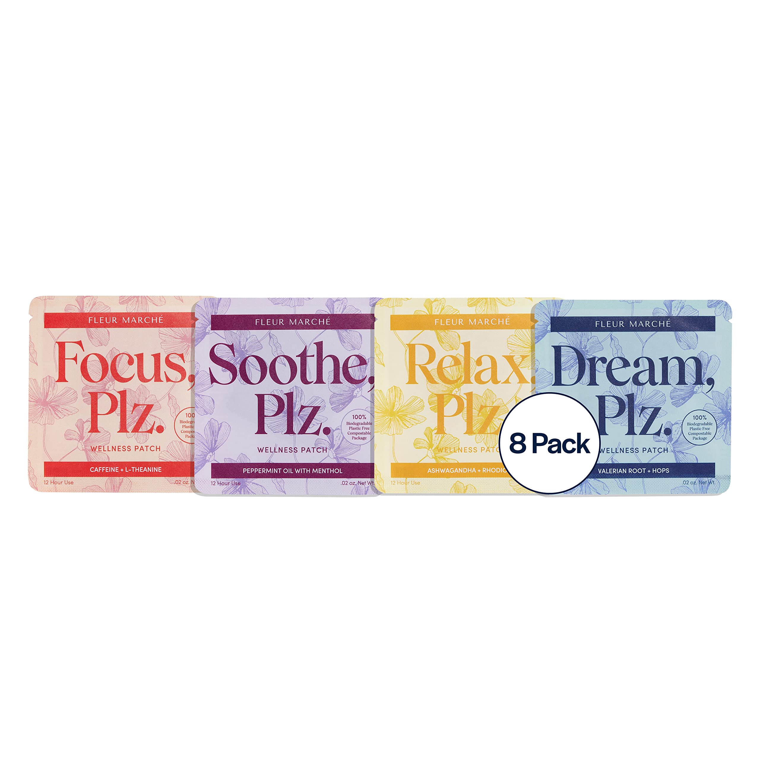 Fleur Marche Everything, Plz Botanical Patch Variety Pack - 4 Wellness Patches with Plant Powered Ingredients - Relax, Focus, Soothe, Dream - Highly Bioavailable Patches - 8 Patches