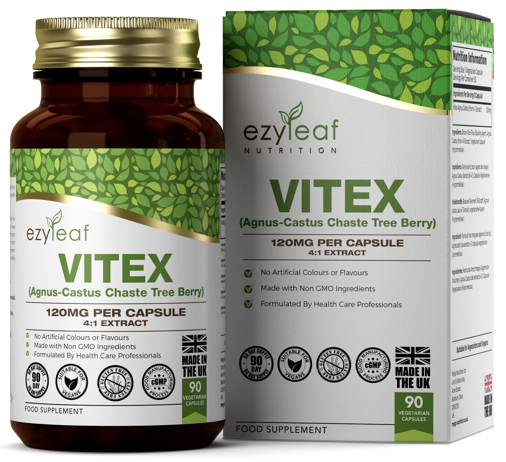 Ezyleaf Vitex Agnus Castus (Chasteberry) 120mg per Serving | 4:1 Extract Concentrate | 90 Vegan Capsules | Chaste Berry Supplement to Support Womens Health | Non GMO, Gluten, Allergen & Dairy Free