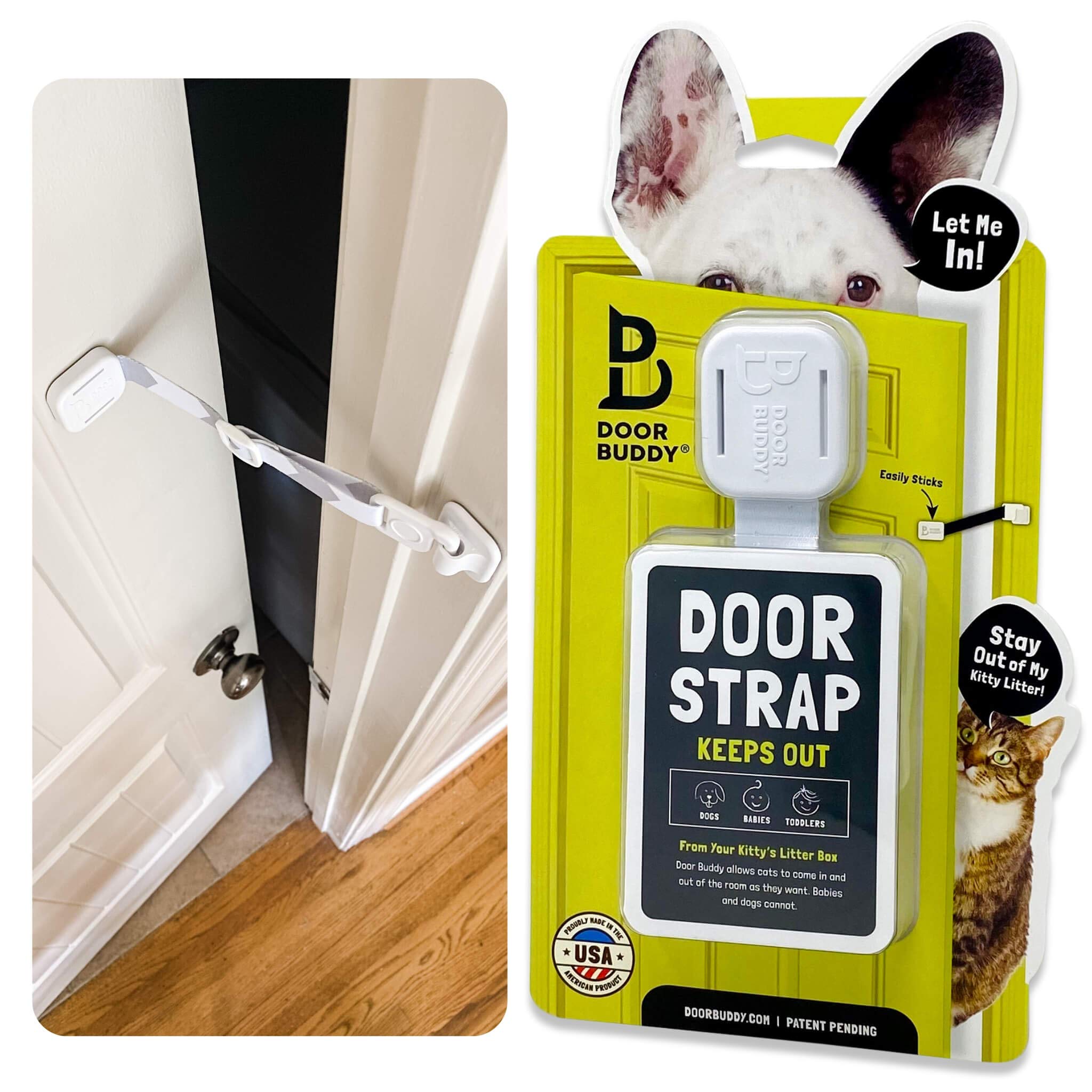 Door Buddy Pet Door Latch for Cats - Grey. Adjustable Cat Door Strap. Dog Proof Litter Box & Cat Feeding Station Without Pet Gate or Cat Door for Interior Door. Most Customizable Cat Door Latch Holder