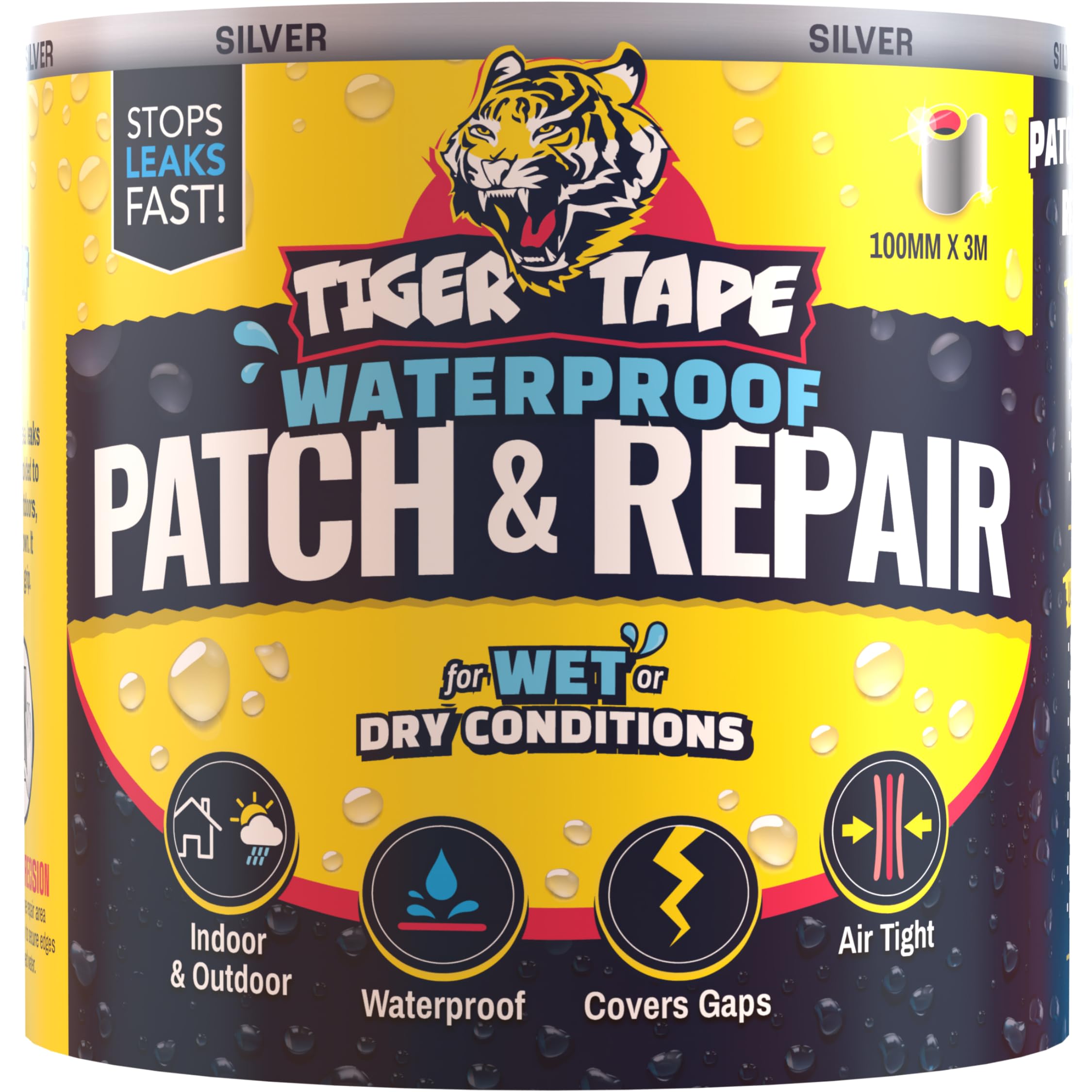 Tiger Tape® Waterproof Gutter & Roof Repair | Butyl Rubberised Tape with Heat Resistant Aluminium UV Coat. Plumbers Tape to seal leaks on Gutters, Pipes, Roofs, Windows, Joints, Flashing. 100mm x 3m