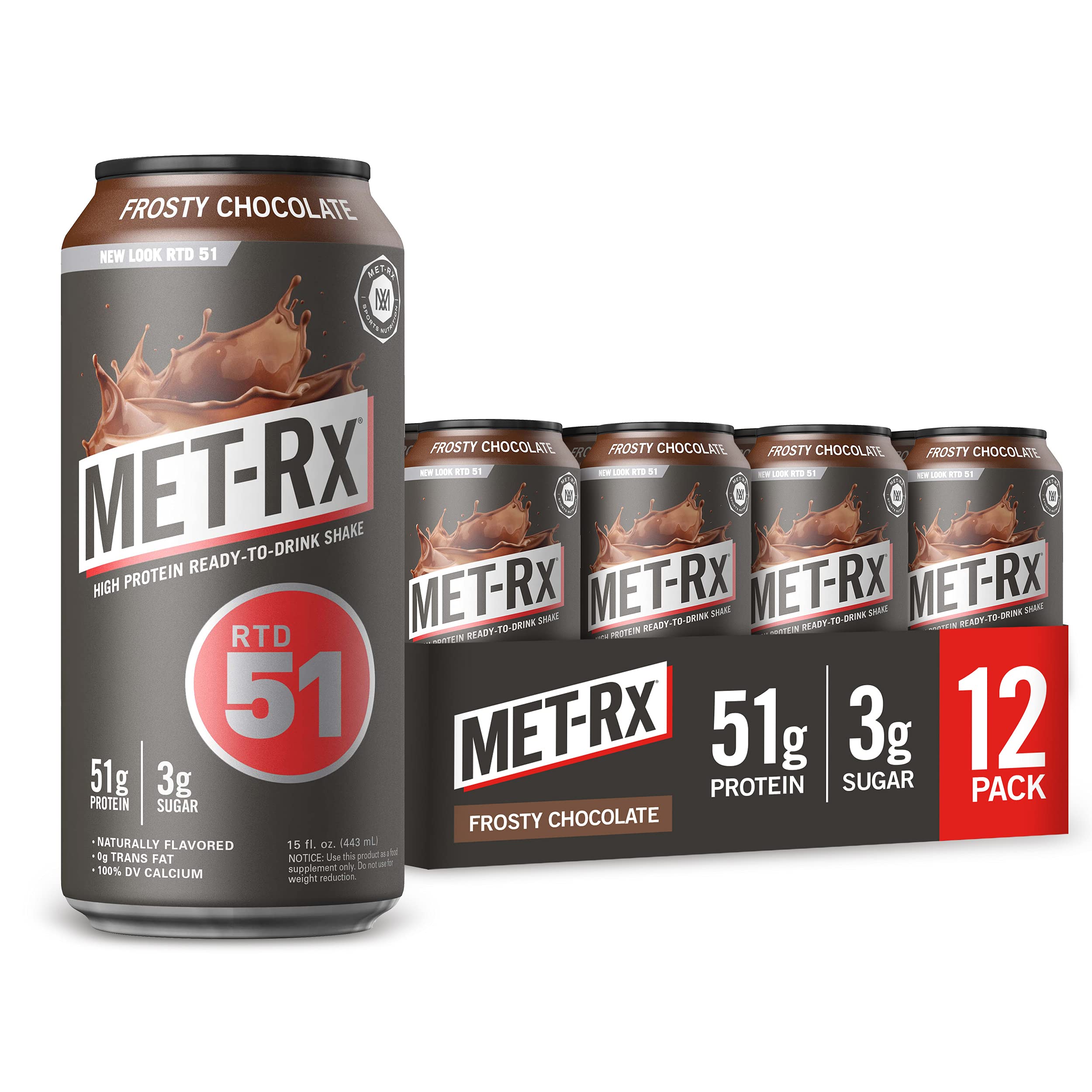 MET-Rx RTD 51, Frosty Chocolate, 15 oz. (12 count), Convenient Ready To Drink Protein Shake with 51 g of Protein, BCAAs, and Other Amino Acids and Vitamins, Great for Post-Workout Recovery