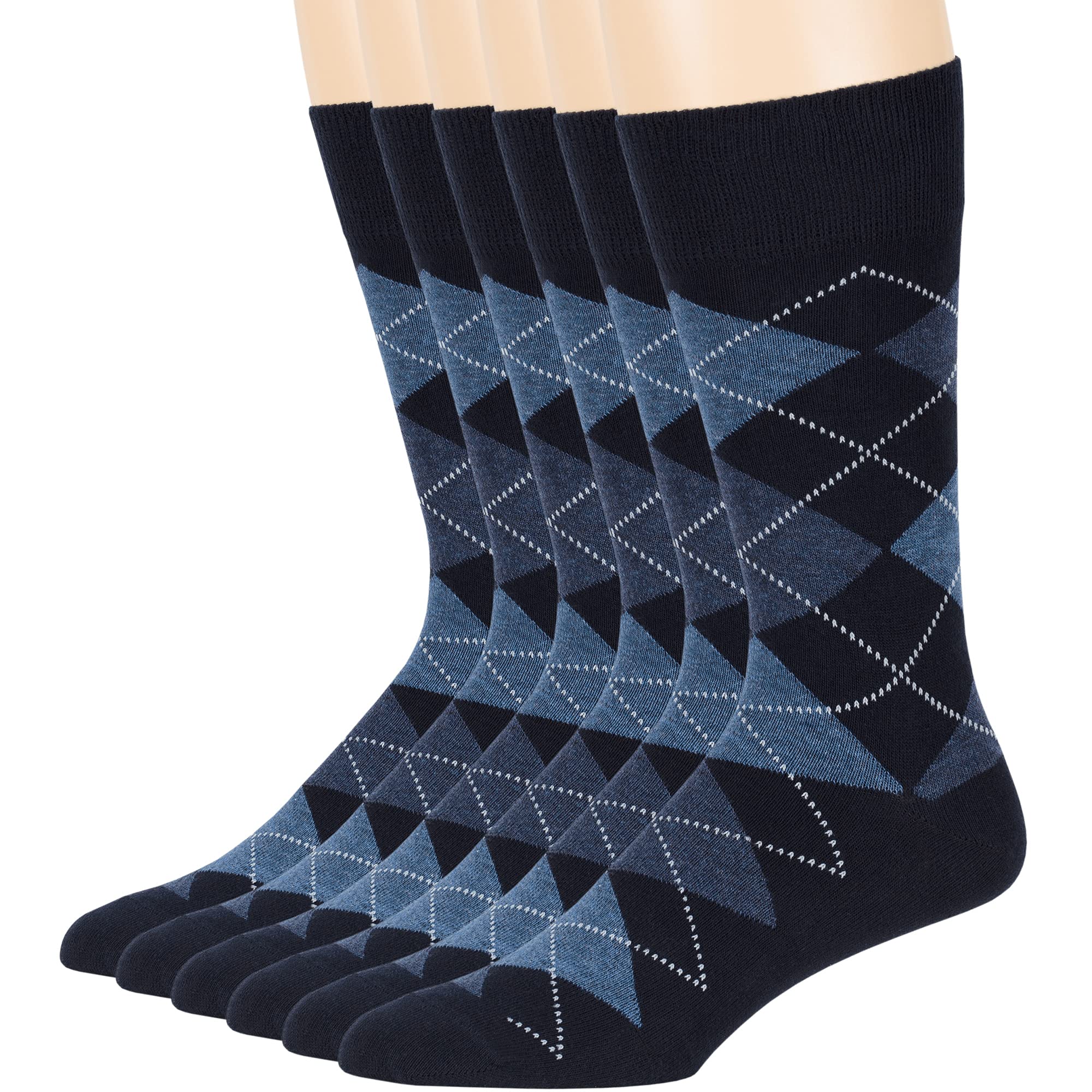 7Bigstars Men's Cotton Dress Crew Socks -6 pack-Argyle Stripes Dots-Large-Brown Blue Black Khaki Beige