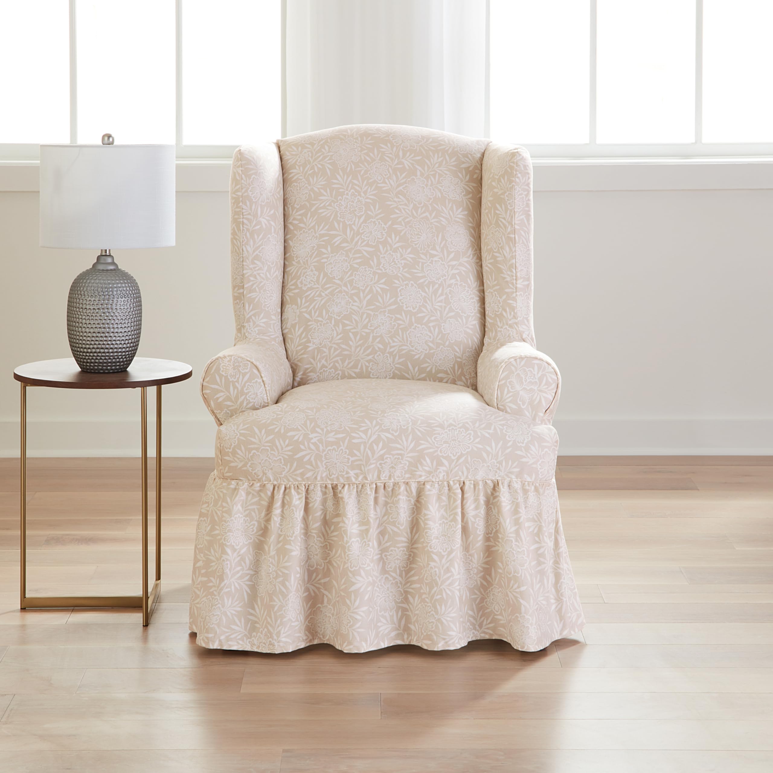 SureFitEssential Twill Ruffled Wingback Chair Slipcover, Wing Chair Cover with Cotton Printed One Piece Design and Ruffled Skirt, Machine Washable Wingback Chair Cover, Neutral Floral