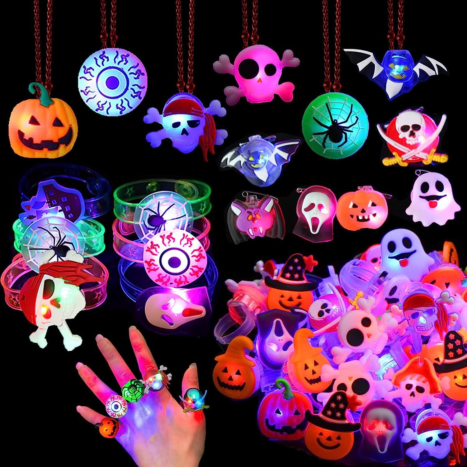 Halloween Party Favors Toys for Kids 38 Pieces Halloween Led Light Up Ring Necklaces Bracelets Brooch - Light Up Halloween Toys Glow in the Dark Party Supplies Halloween Goodie Bag Fillers Halloween