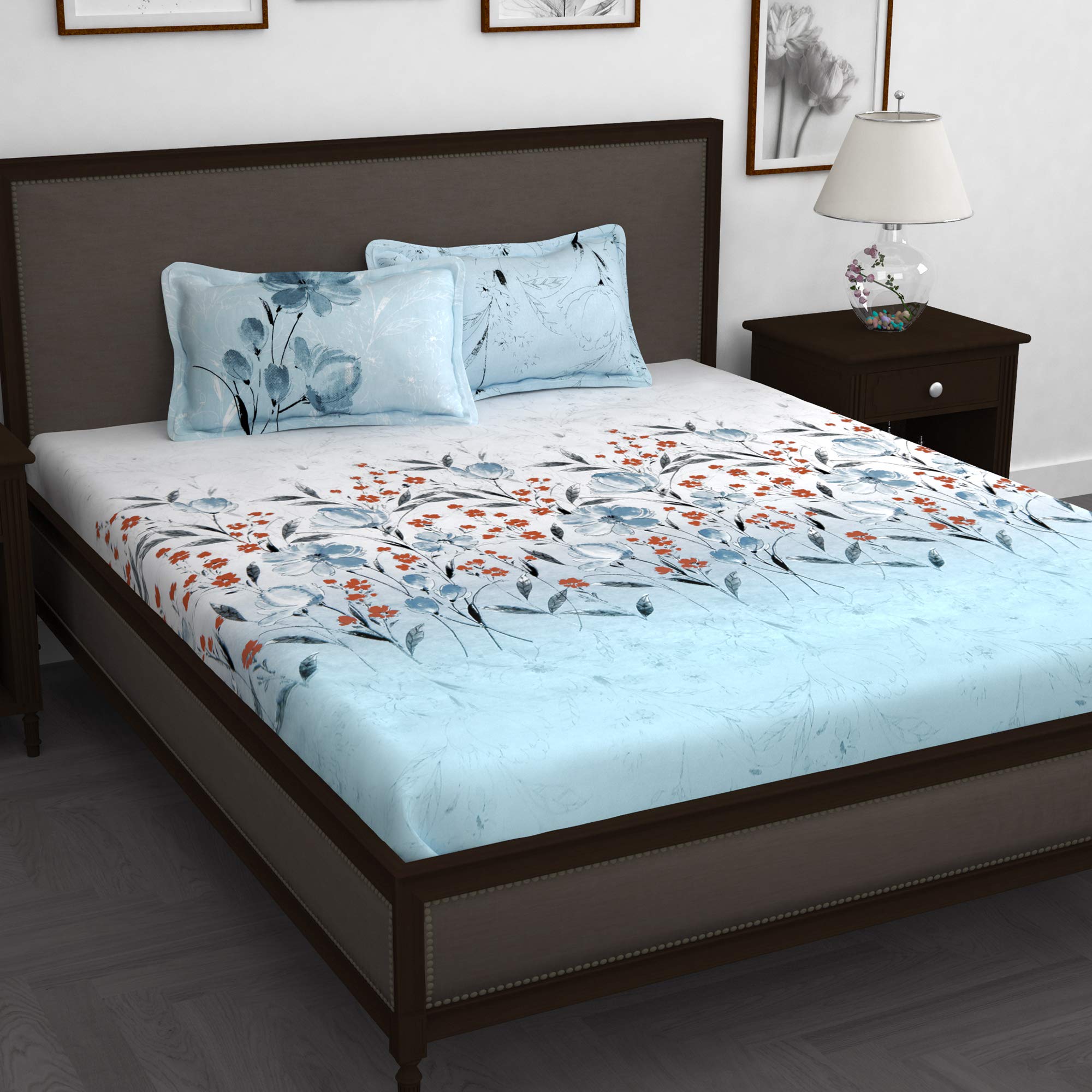 Story@Home Bedsheet for King Size Bed | 240TC | Sky Blue | Floral | 1 Piece Cotton bedsheets for King Size Bed with 2 Pillow Covers (270 x 270cm) Perfect for Festive Gifting | 100% Cotton bedsheet