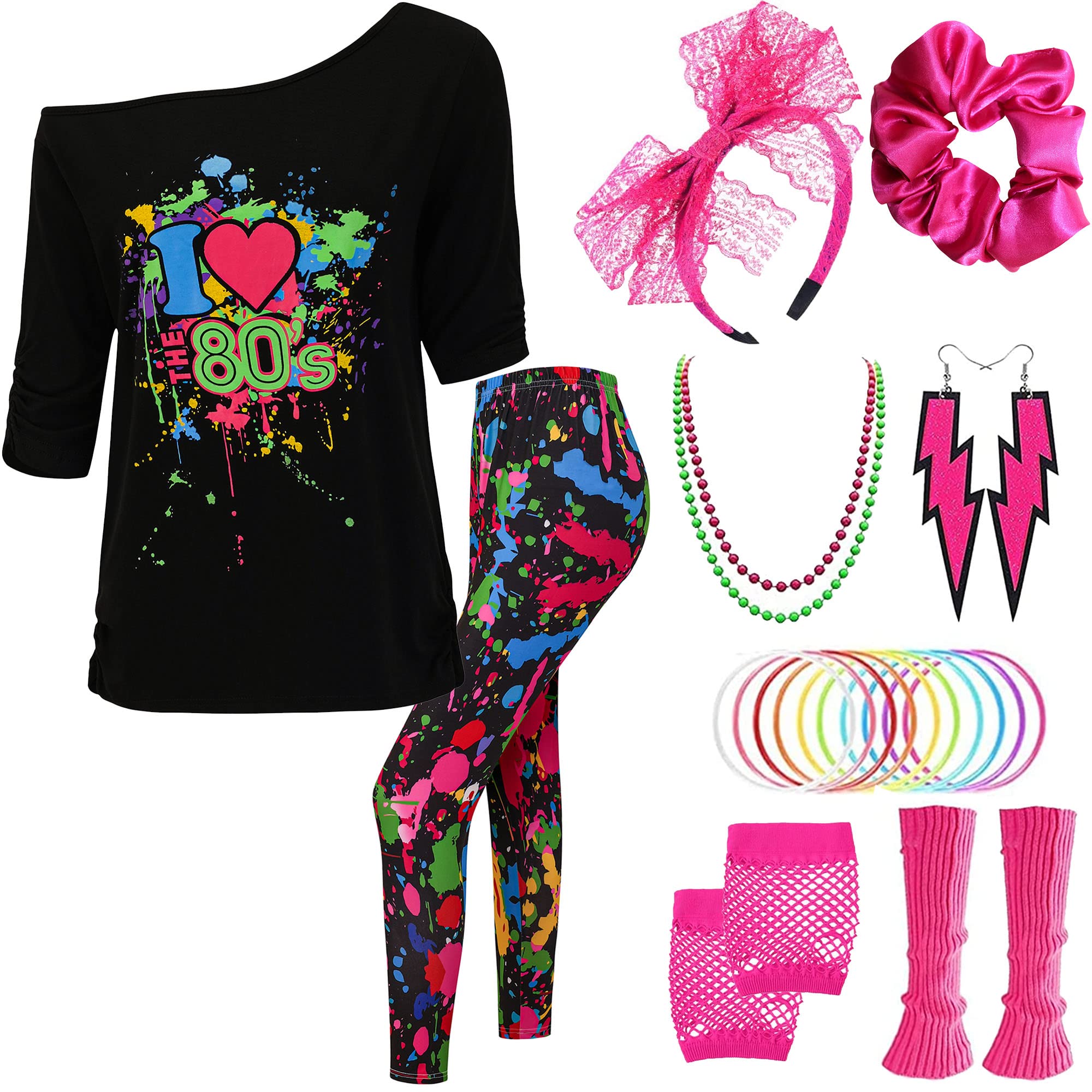 80s Halloween Outfit - I Love The 80s Shirts and Neon Leggings with Accessories