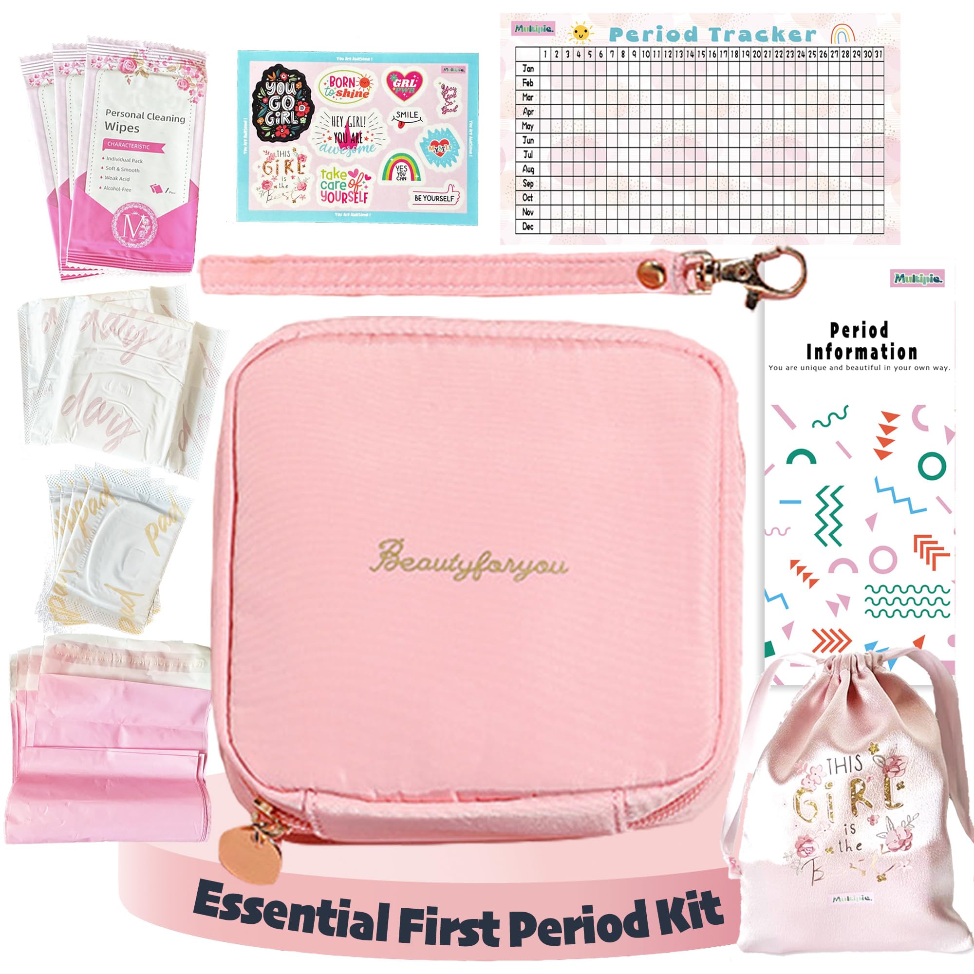 multipieyo Essential Period Kit for Girls | First Period kit for Girls 10-12 | Period Bags for Teen Girls for School | First Period Gift with Sanitary Pad Storage Bag, Wipes, Period Tracker and More