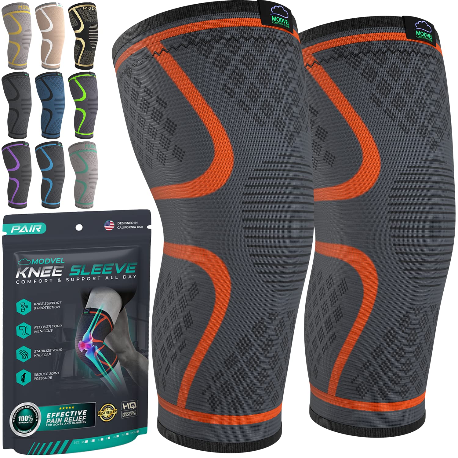 ModvelKnee Braces for Knee Pain Women & Men - 2 Pack Knee Brace for Knee Pain Set, Knee Brace Compression Sleeve, Knee Braces for Knee Pain Meniscus Tear, ACL & Arthritis Pain Relief - Knee Sleeves