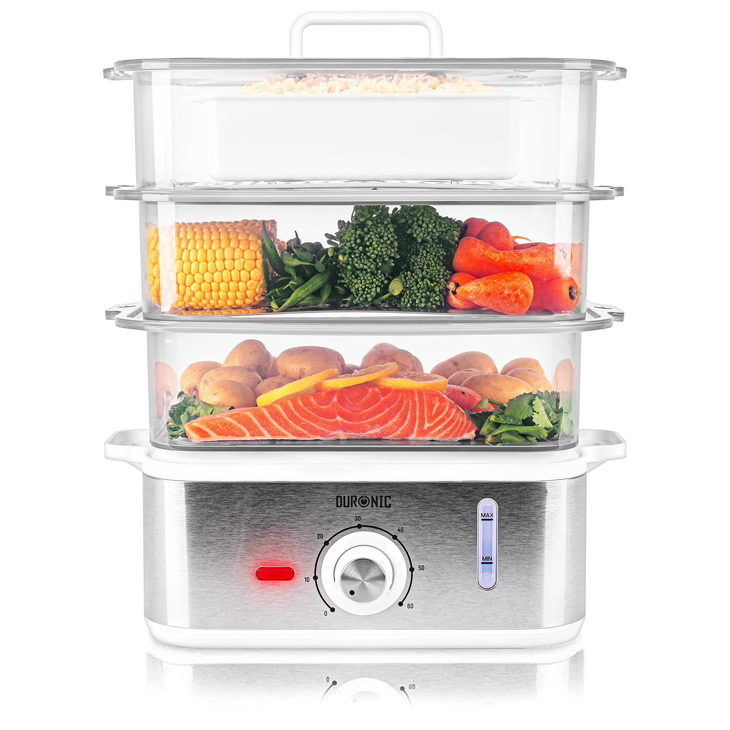 Duronic Electric Food Steamer FS87, Vegetable Steamer with Rice Bowl, 3 Tier Rice Steamer, Food Steamers with Timer, BPA Free Electric Steamer for Vegetables, Fish, Dumplings, Baby Food