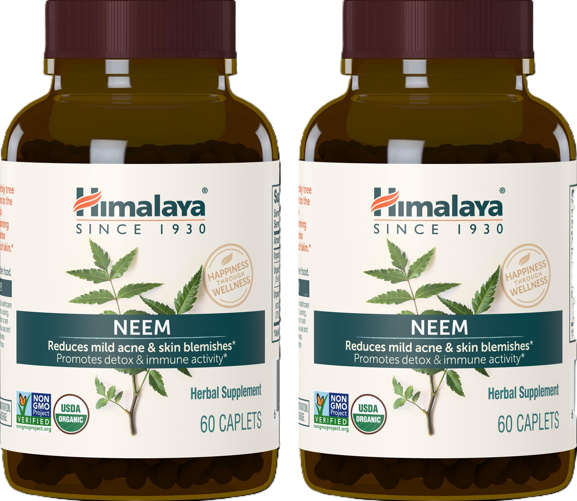 Himalaya Organic Neem Herbal Supplement, for Mild Acne & Clear Skin, Purifying, Ayurvedic, USDA Certified Organic, Non-GMO, Vegan, 600 mg, 60 Plant Based Caplets, 2 Pack