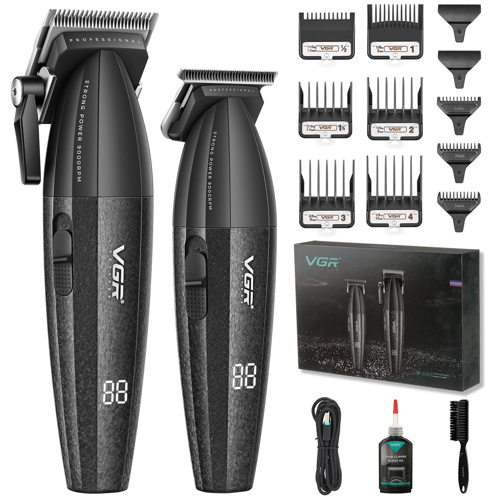 VGR 640 Professional Hair Clippers for Men, Cordless Barber Clippers and Trimmers Set, Zero Gap T-Blade Hair Cutting Kit, DLC Coated Ceramic Blade Barber Kit with LED Display(Black)