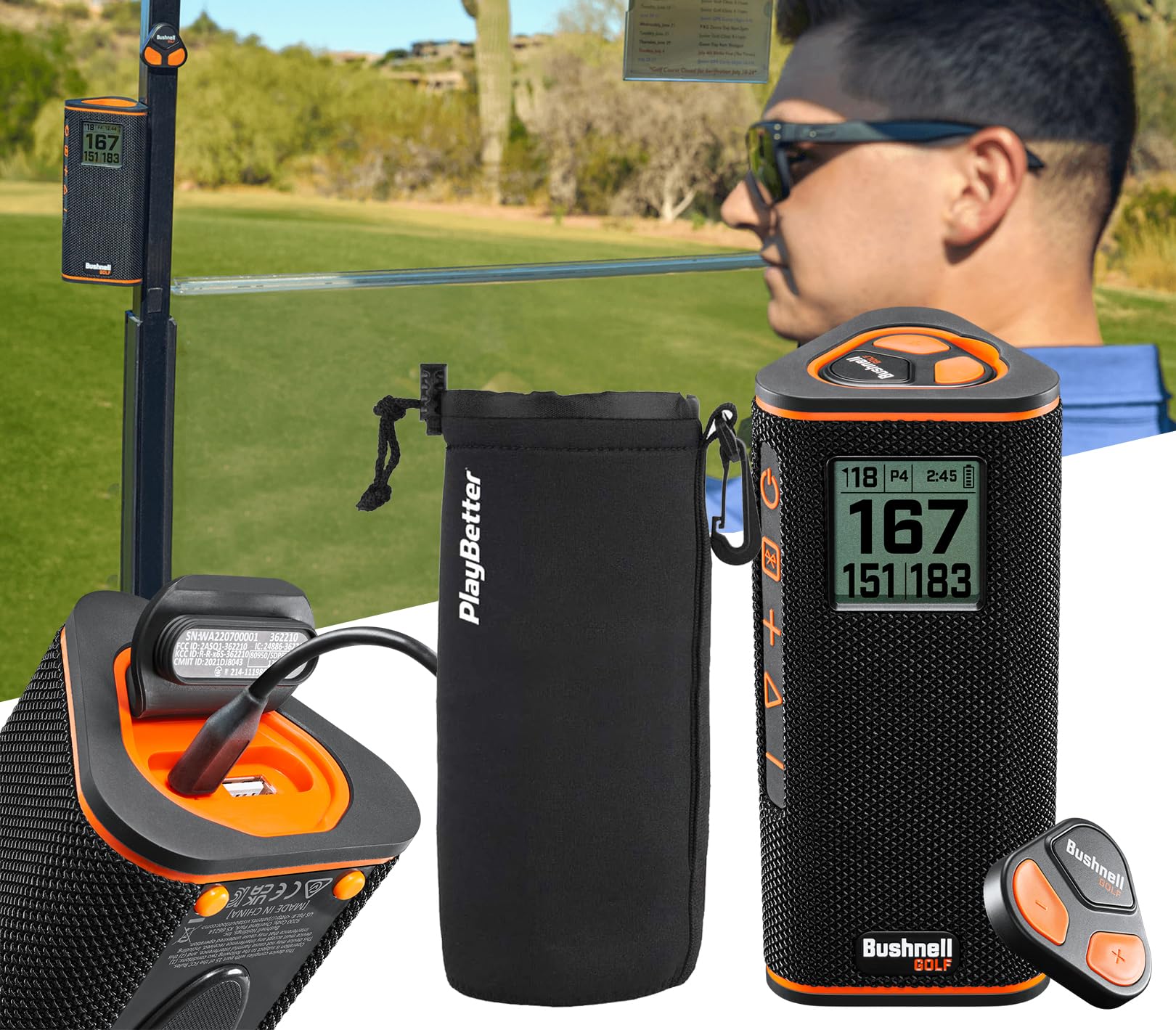 Bushnell Wingman View Golf Speaker Bundle - Easy-to-Read LCD Display, Bluetooth Music & Audible GPS Distances - Includes Wingman View & Protective Wingman Pouch