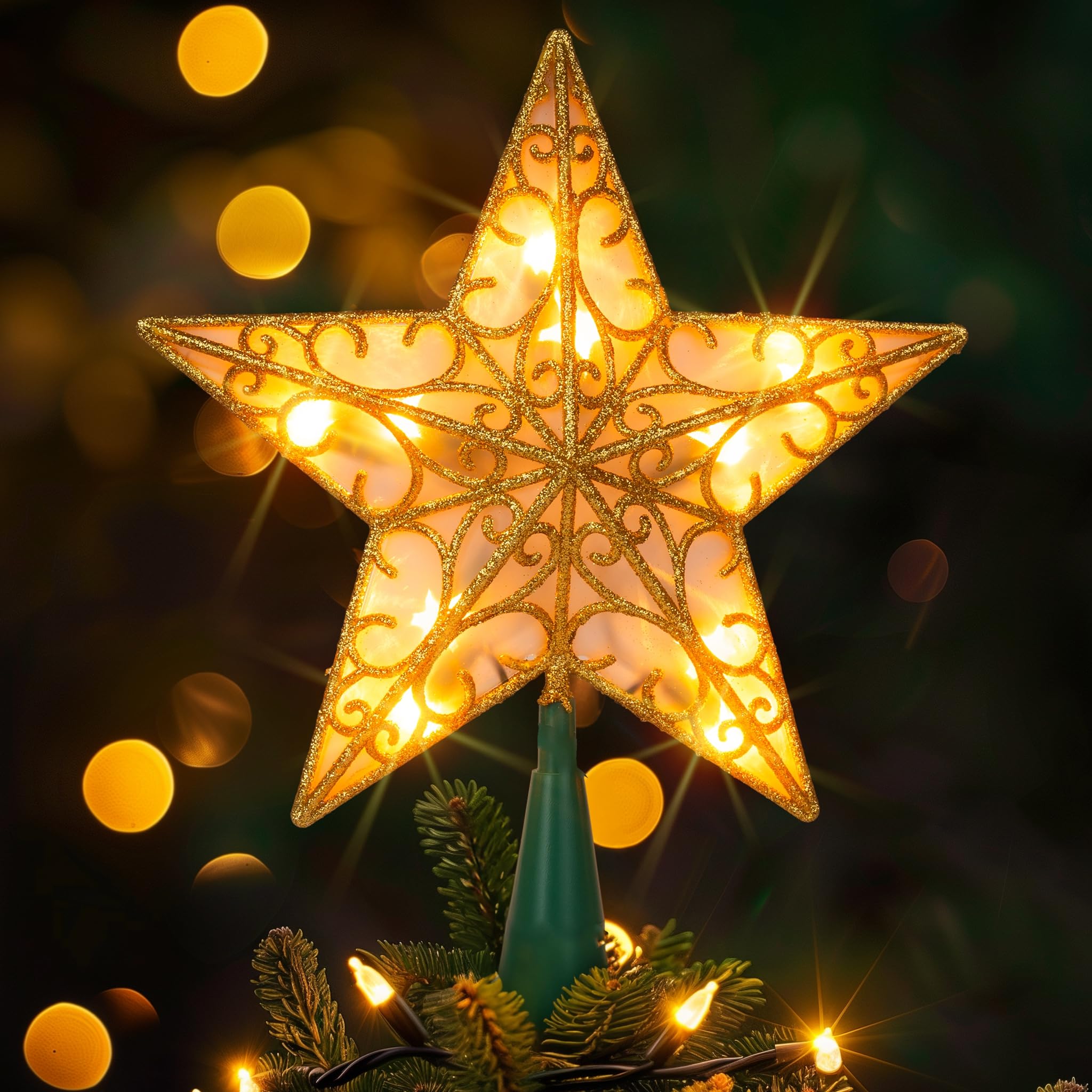 Dazzle Bright 11 Inch Star Tree Topper, Lighted Glitter Christmas Treetop with 10 Lights, Christmas Decorations for Xmas Tree Home Bar Shop Christmas Decor (Gold)