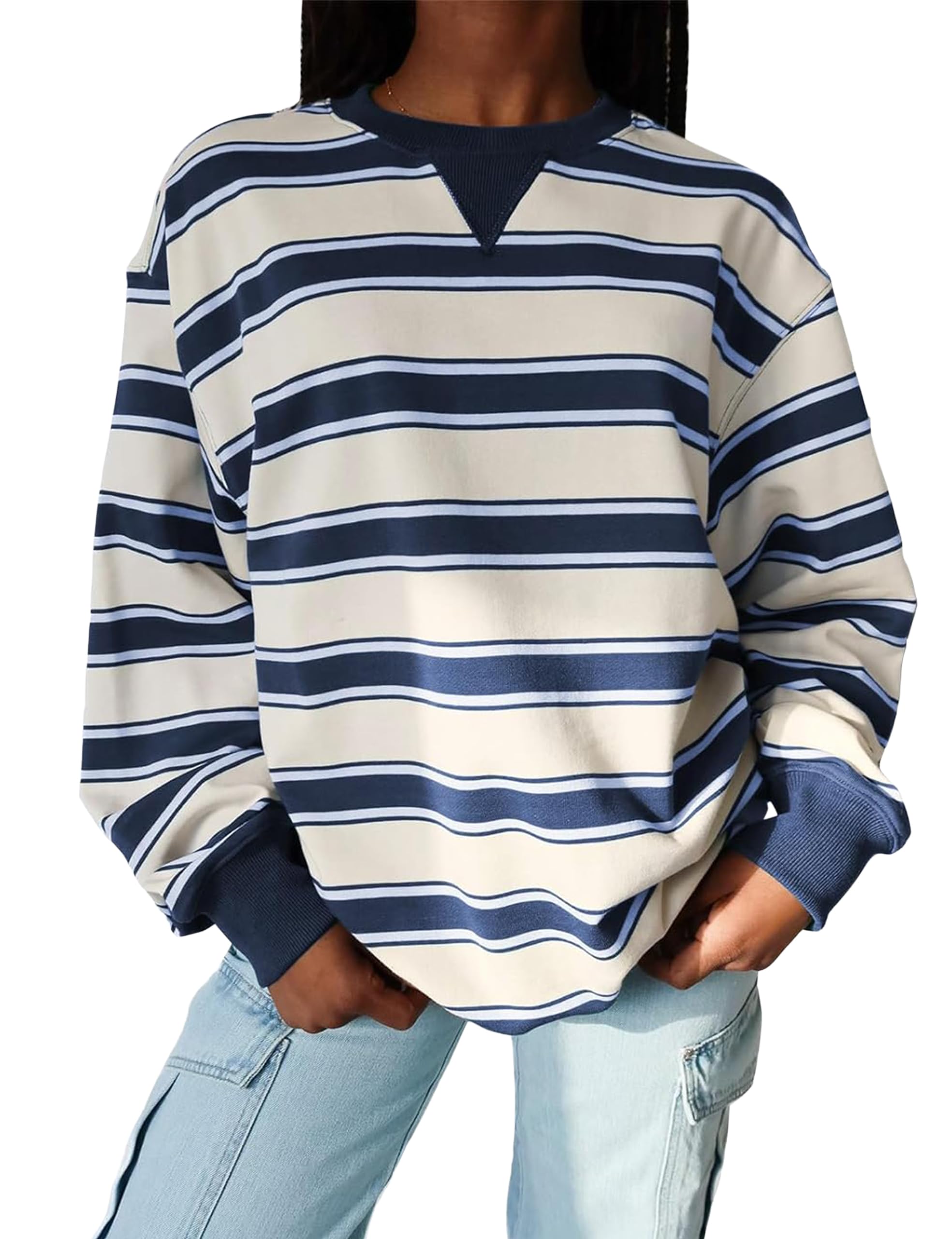 Women Striped Oversized Sweatshirt Color Block Crew Neck Long Sleeve Shirt Casual Pullover Top Fall Y2K Clothes