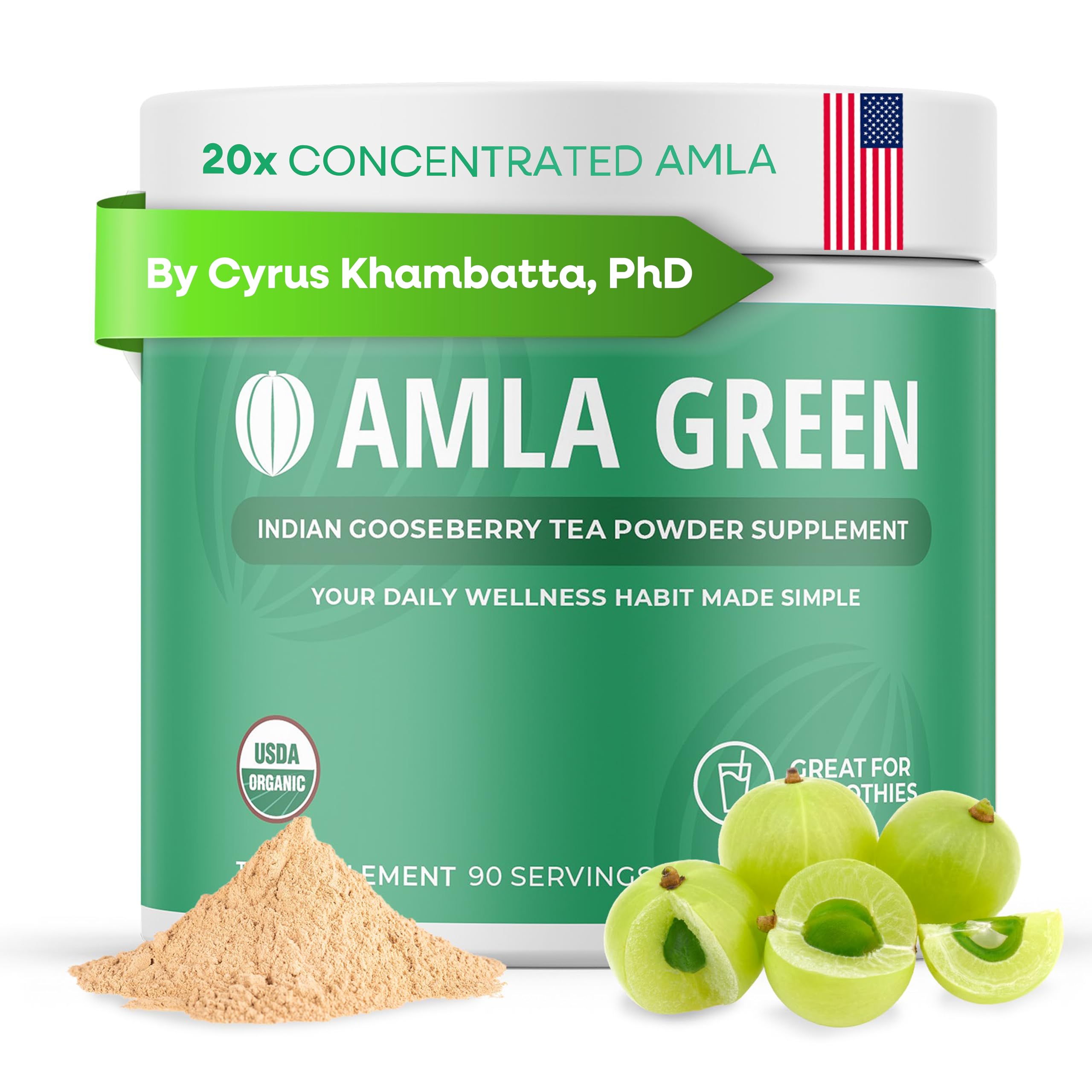 Amla Powder & Green Tea Superfood Supplement, 20x Ultra Concentrated Amla, Antioxidant Support, Made with Oolong Tea and Indian Gooseberries, Organic, Vegan, Classic Flavor, 90 Servings