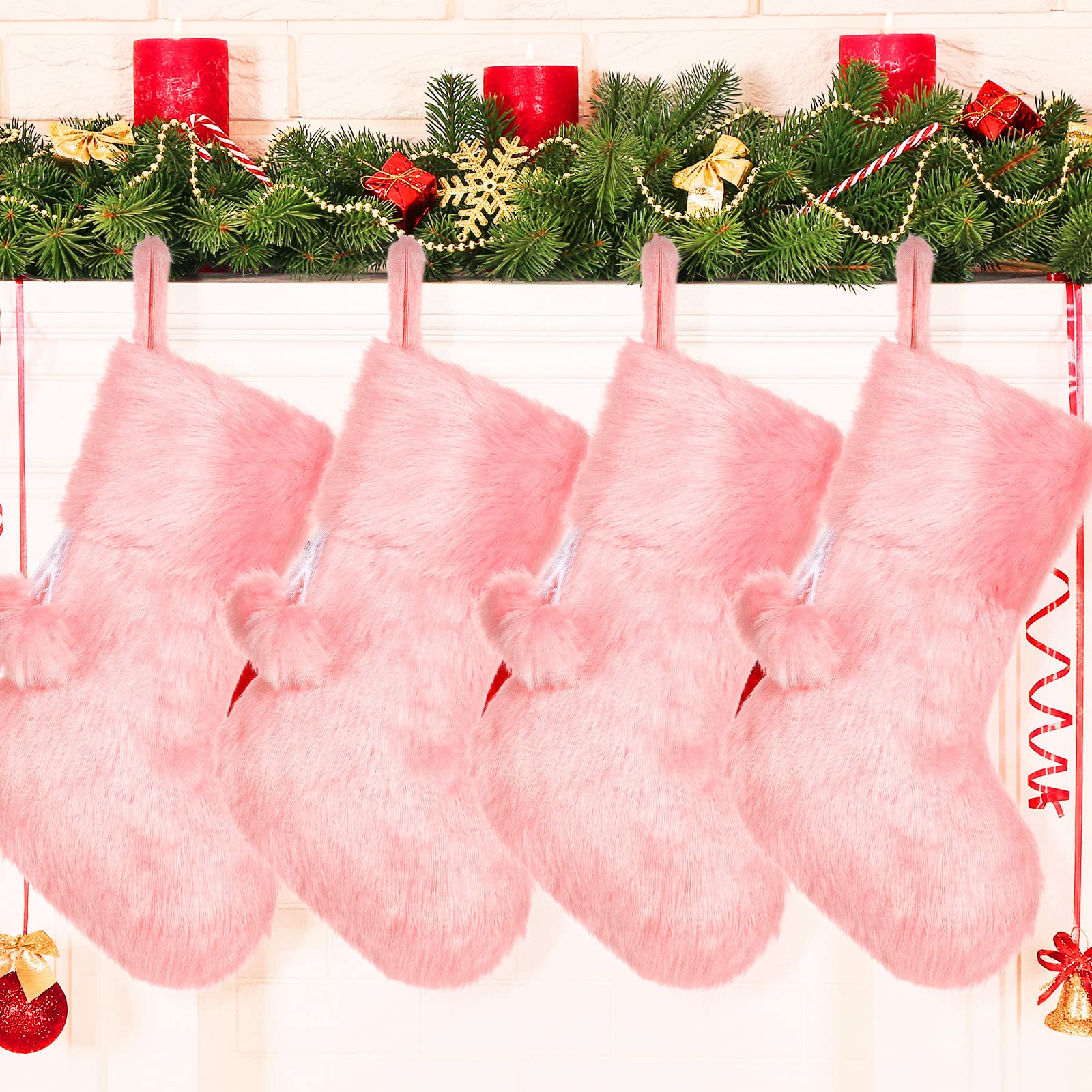 Boao 20 Inch Christmas Stockings Snowy Faux Fur Christmas Stocking for Holiday Party Christmas Fireplace Decorations (Pink, 4 Pieces)