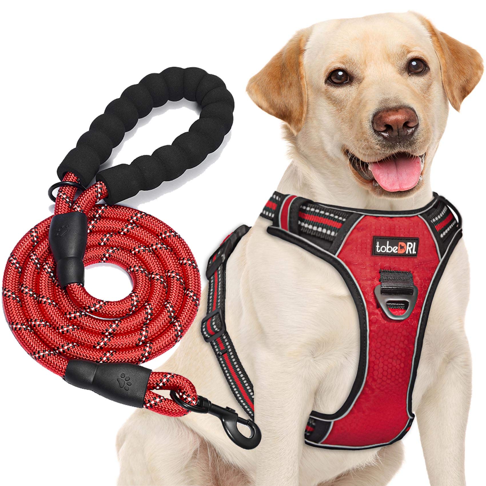 tobeDRI No Pull Dog Harness Adjustable Reflective Oxford Easy Control Medium Large Dog Harness with A Free Heavy Duty 5ft Dog Leash (XL (Neck: 21.5"-33", Chest: 30"-39.5"), Red Harness+Leash)