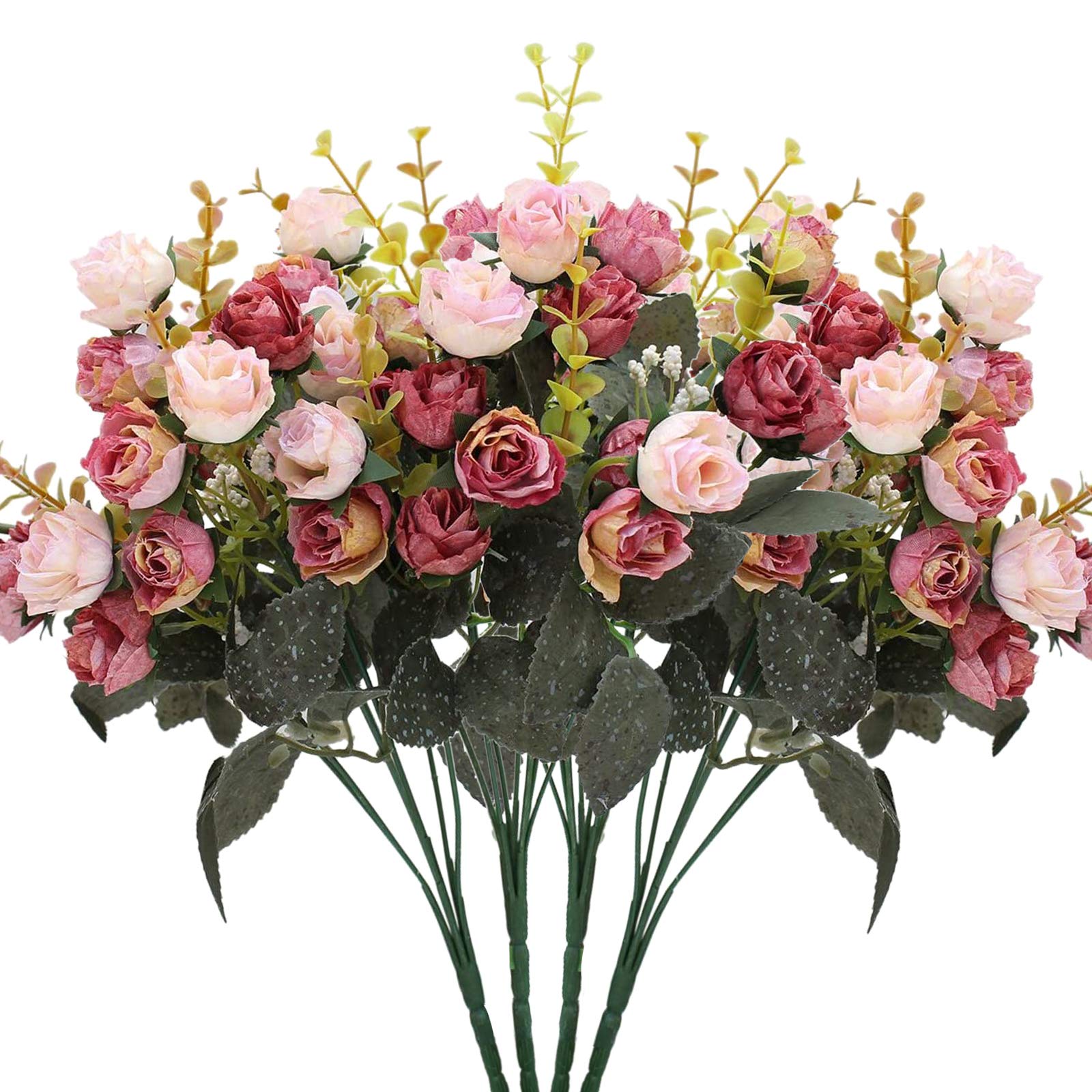 Luyue 7 Branch 21 Heads Artificial Silk Fake Flowers Leaf Rose Wedding Floral Decor Bouquet,Pack of 4 (Pink Coffee)