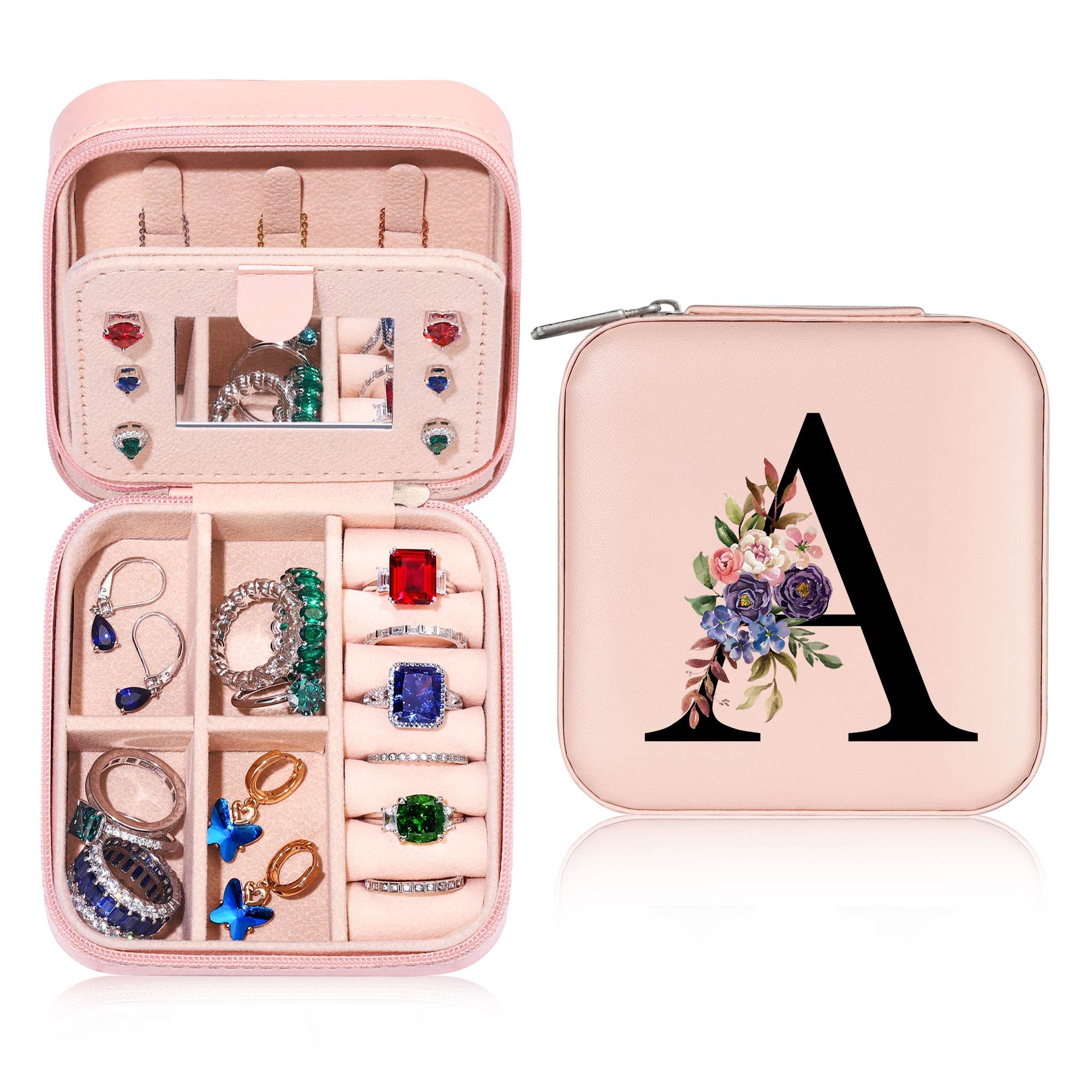 Parima Christmas Gifts for Women Teen Girls - Travel Jewelry Case Jewelry Box, Stocking Stuffers, Initial Jewelry Box for Girls, Personalized Birthday Gifts for Women Girls - Letter A, Pink