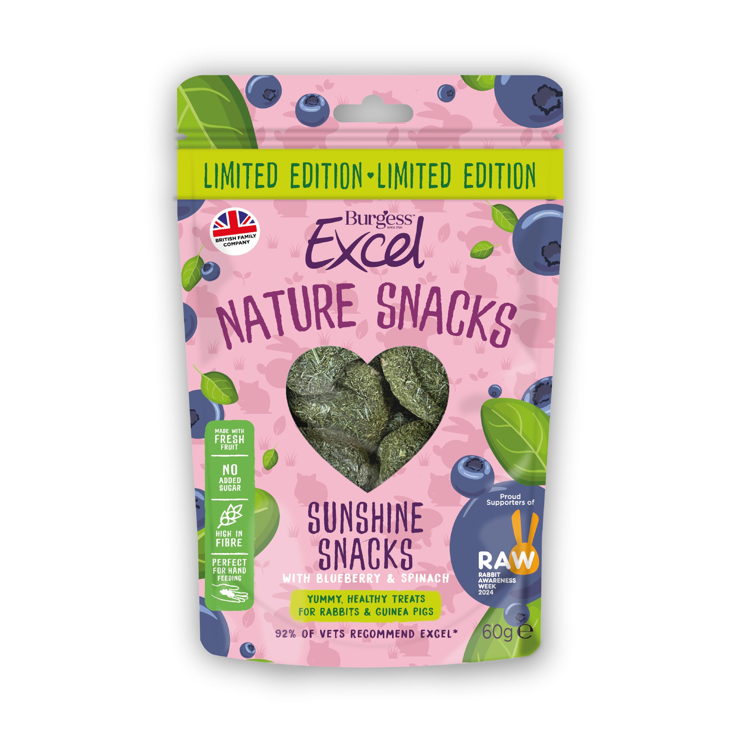 Burgess Excel Sunshine Snacks, Baked Nature Snacks With Blueberry & Spinach 360g. Healthy Treats for Rabbits & Guinea Pigs (6 Packs of 60g)