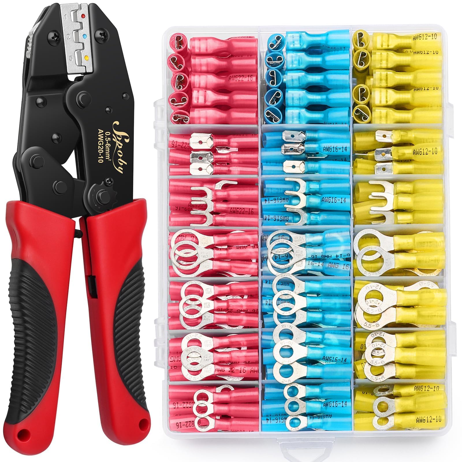 Sopoby Crimping Tool For Heat Shrink Connectors with 300PCS Marine Grade Heat Shrink Wire Connectors - Tinned Red Copper - Electrical Crimping Tool - AWG 22-10 Electrical Ring Fork Spade Splice