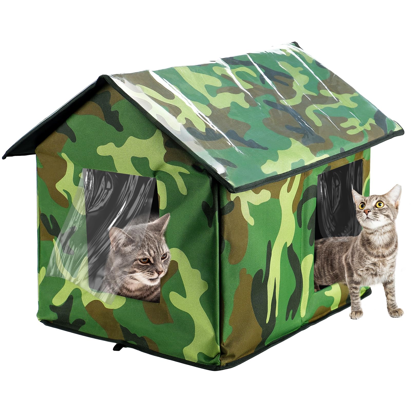 MEWTOGO Large Outdoor Cat House, Weatherproof Cat Shelters for Winter with Escape Door and Ground Stakes, Camouflage Waterproof Insulated Feral Cat Cave Pet Nest for Keeping Warm