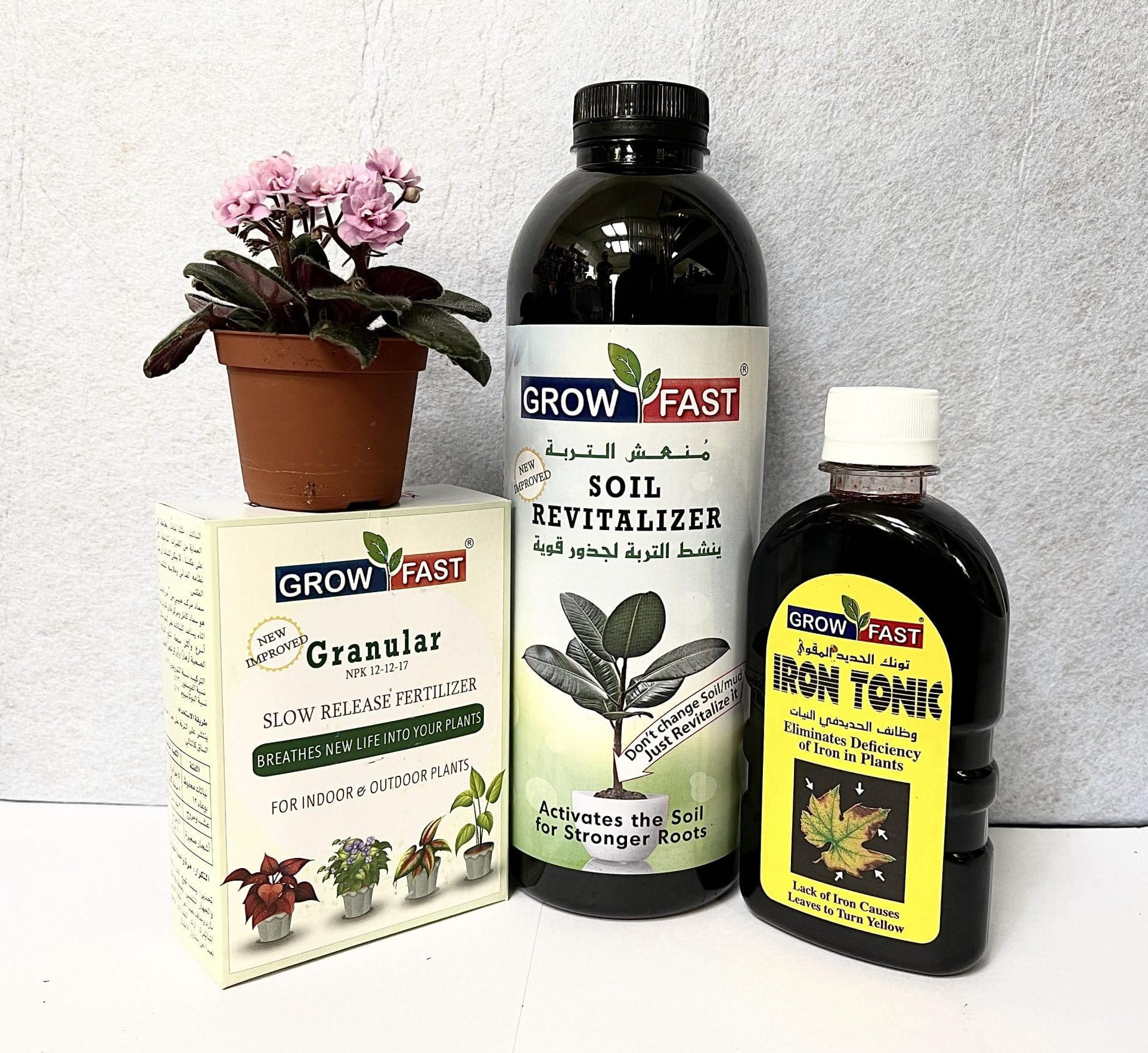 Grow Fast Soil Revitalizer 1Ltr & Iron Tonic 250ml Granular NPK 12-12-17 300g Best for Indoor & Outdoor Plants By UAE Garden Deals