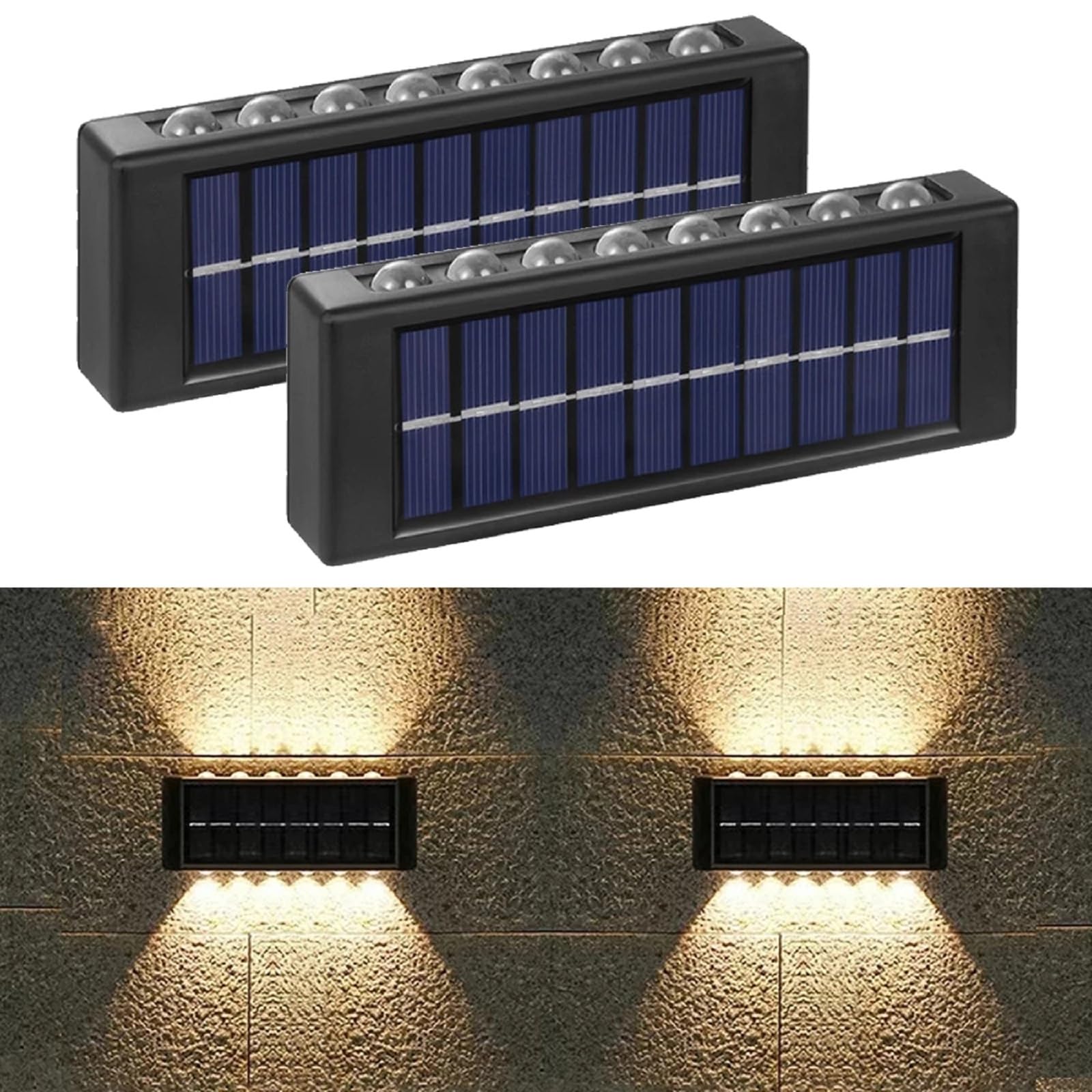 16 Led Up Down Solar Wall Lights, 2 Pack Warm White Solar Fence Lights Waterproof,Black Solar Deck Lighting for House Garden Porch