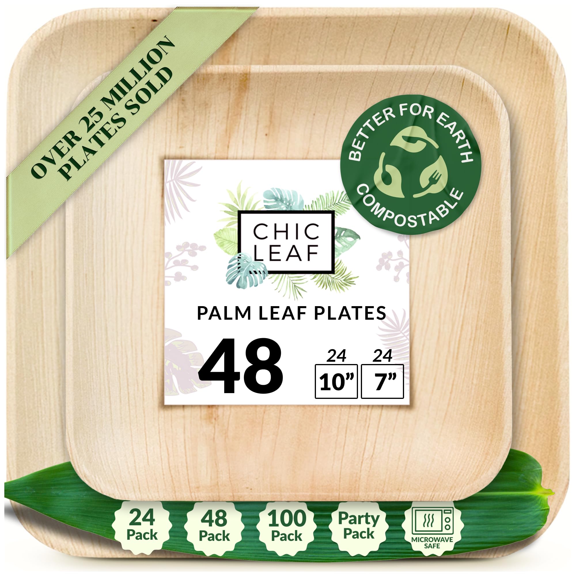 Chic Leaf Palm Leaf Compostable Disposable Plates - Sturdy, Eco-Friendly Party Plates, Tableware Set Better Than Plastic and Paper Plates, Pack of 48 Pcs Square 10" x 7" (25.5 x 18cm)