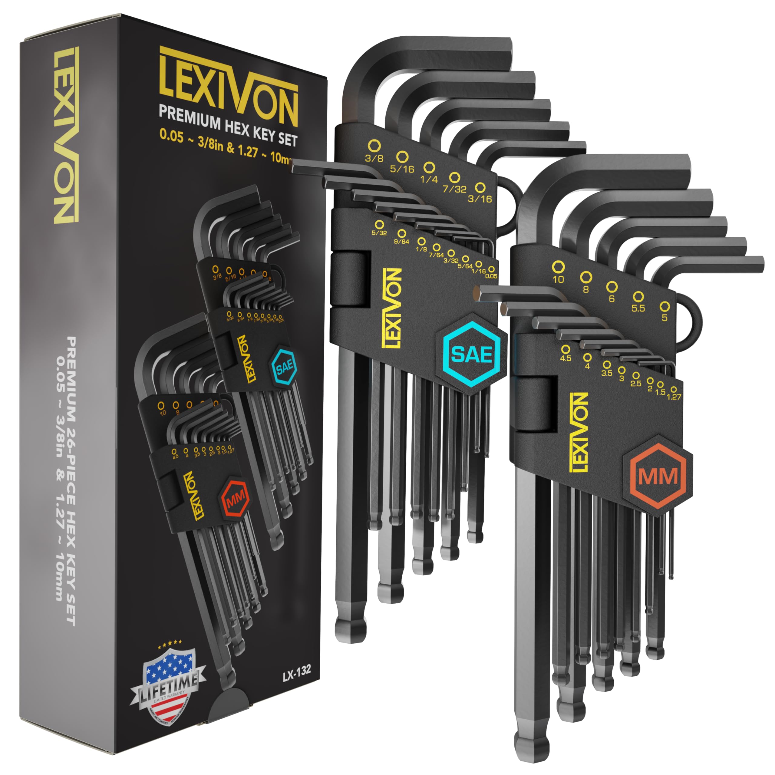 LEXIVONAllen Wrenches Sets, 26-Piece Premium Metric & SAE Hex Keys, L-Shaped Long Arm Ball End Design, Industrial-Grade S2 Alloy Steel (LX-132)