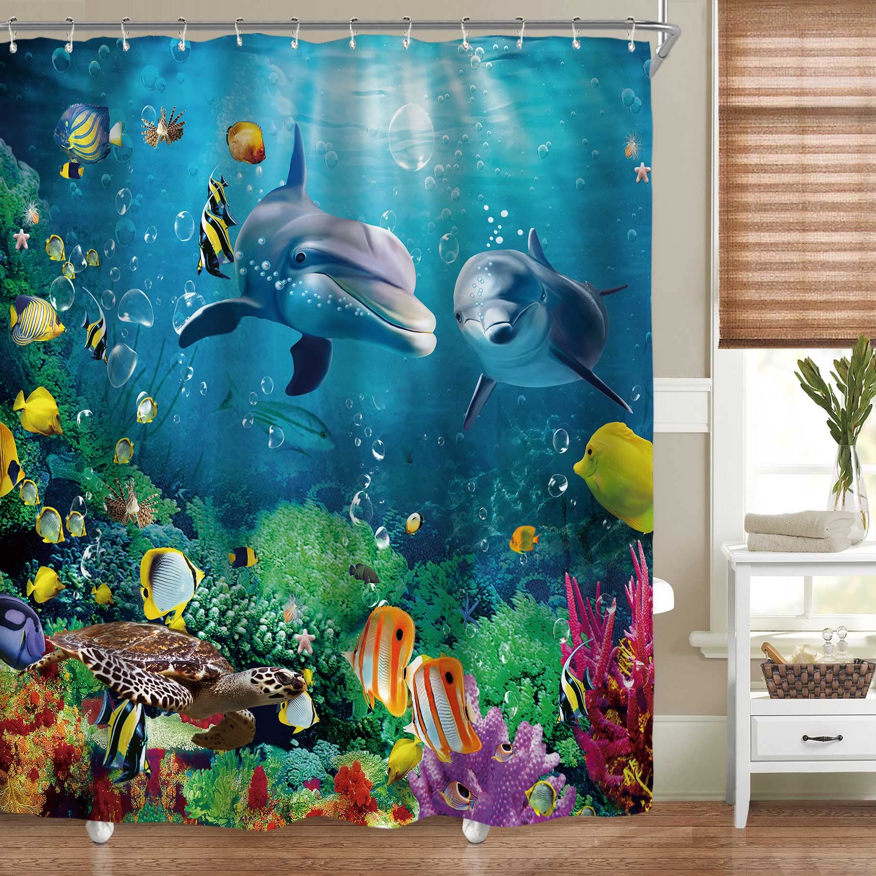 Riyidecor Kids Dolphin Shower Curtain for Bathroom Decor 60Wx72H Ocean Sea Underwater Turtle Fish Tropical Coral Reef Marine Wildlife Art Printed Fabric Polyester Waterproof 12 Pack Plastic Hooks