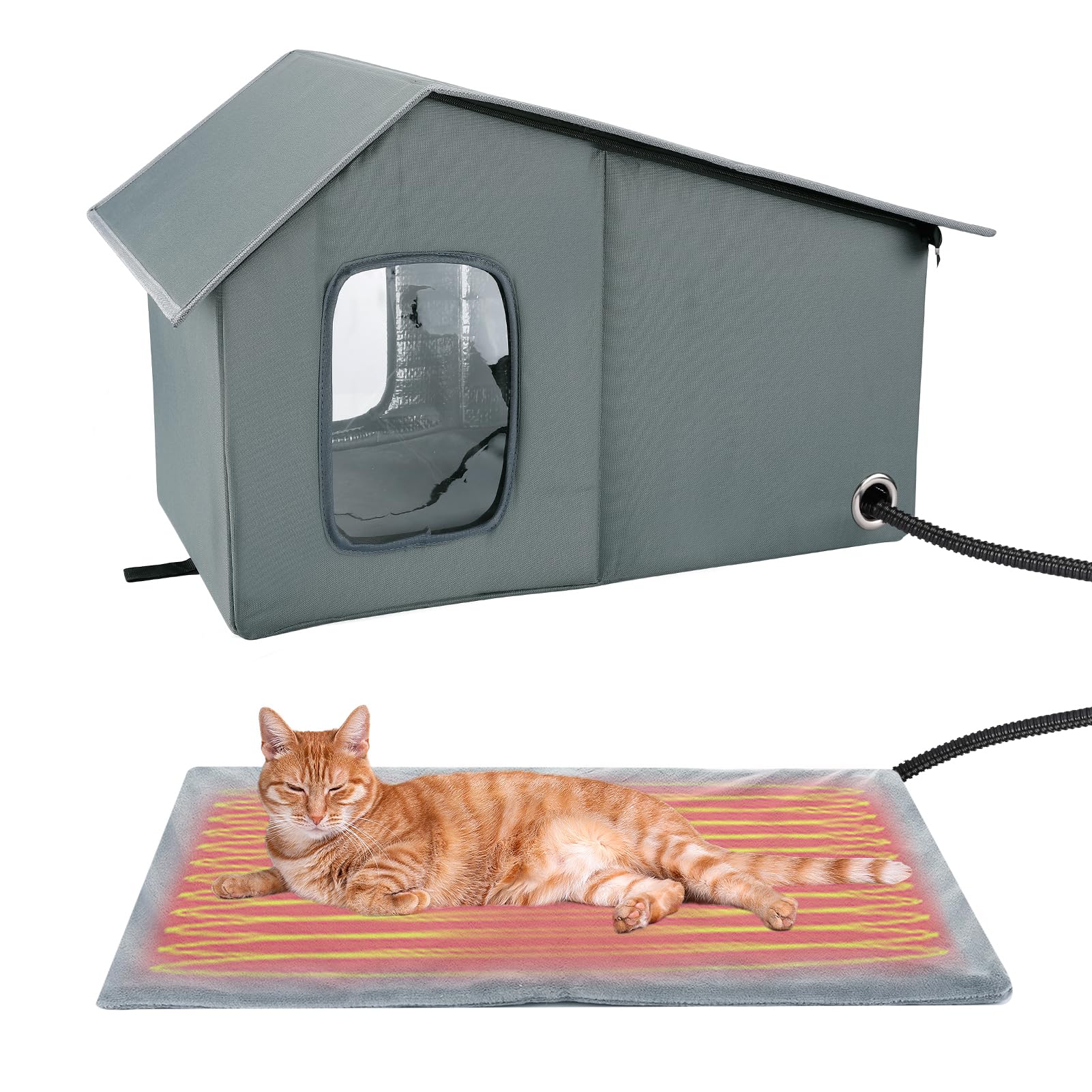 Heated Cat House - Waterproof Outdoor Cat Shelter for Winter with Thermostatic Heating Pad and Escape Door, Sturdy Warm Outside Pet House Cat Gifts for A Feral Cat Small Dog