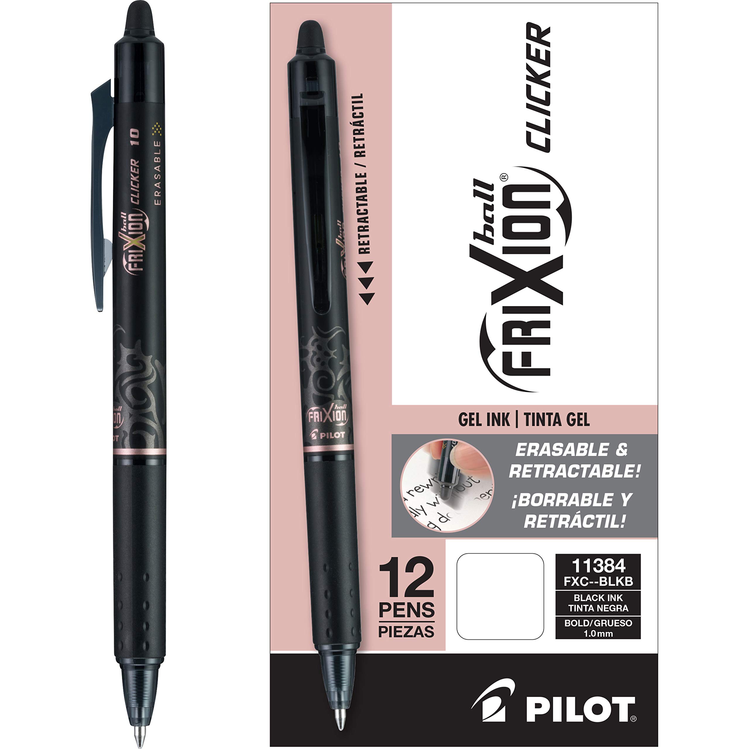 PilotFriXion Clicker Erasable Gel Pens, Bold Point 1 mm, Pack of 12, Black