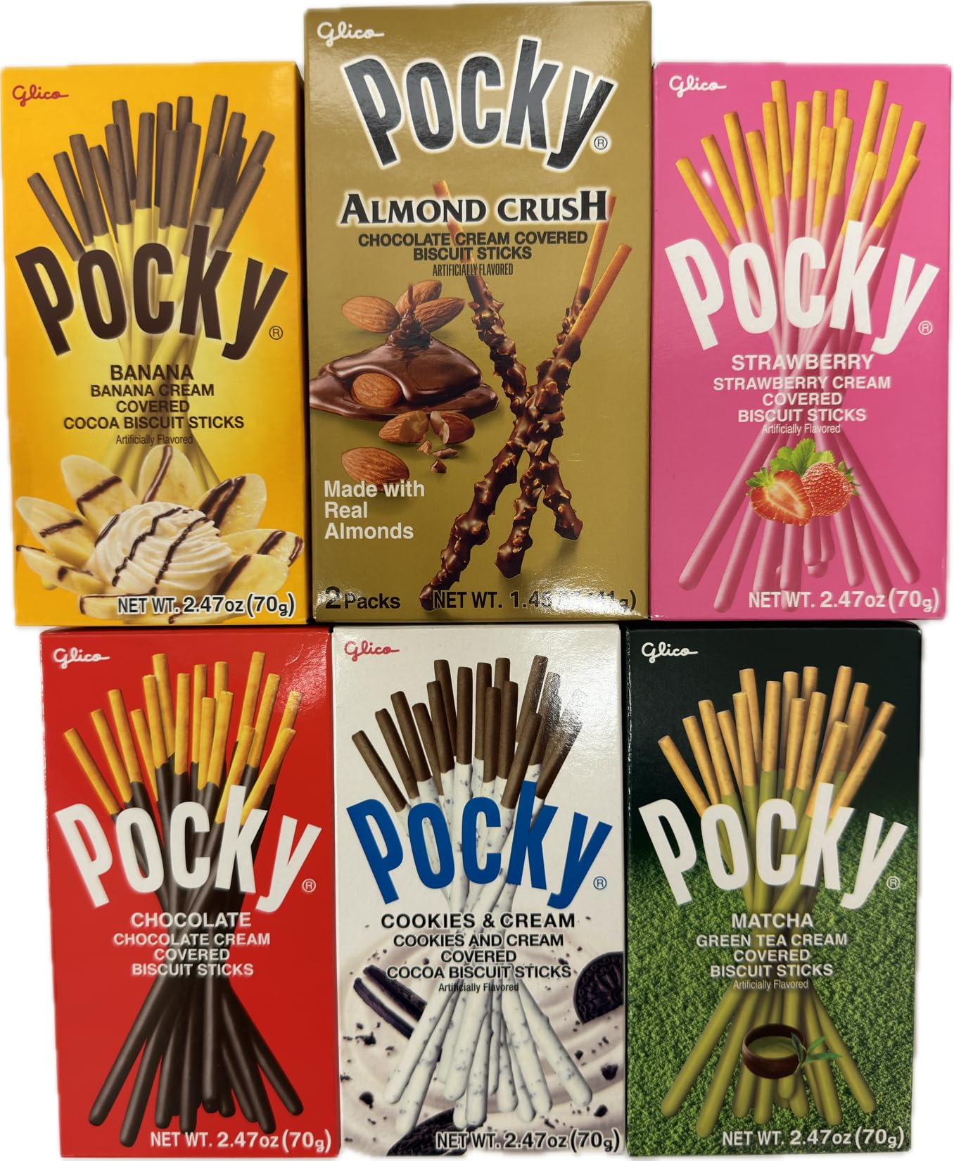 Pocky Sticks Japanese Snacks Variety Pack.Asian Snacks Poky Sticks Strawberry, Chocolate, Cookies, & Cream, Matcha, Banana, Almond Crush (Variety Pack of 6)